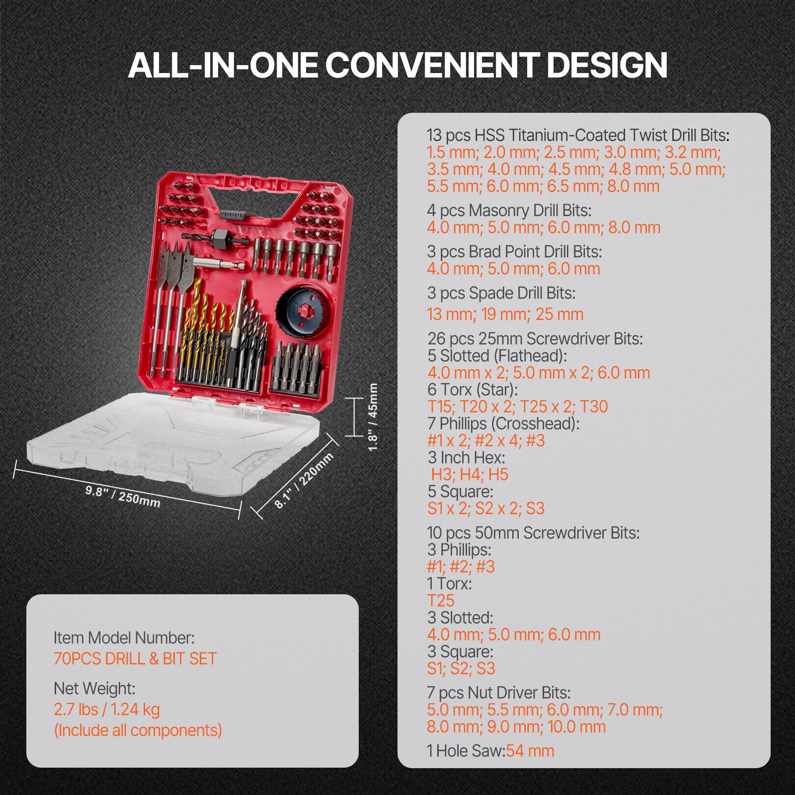 EVOR schroef- en boorset 70-delig, schroevendraaierset, schroevendraaierset geschikt voor boren en schroeven in hout, metaal en cement, boorsets combiset gesorteerd in een overzichtelijke draagtas
