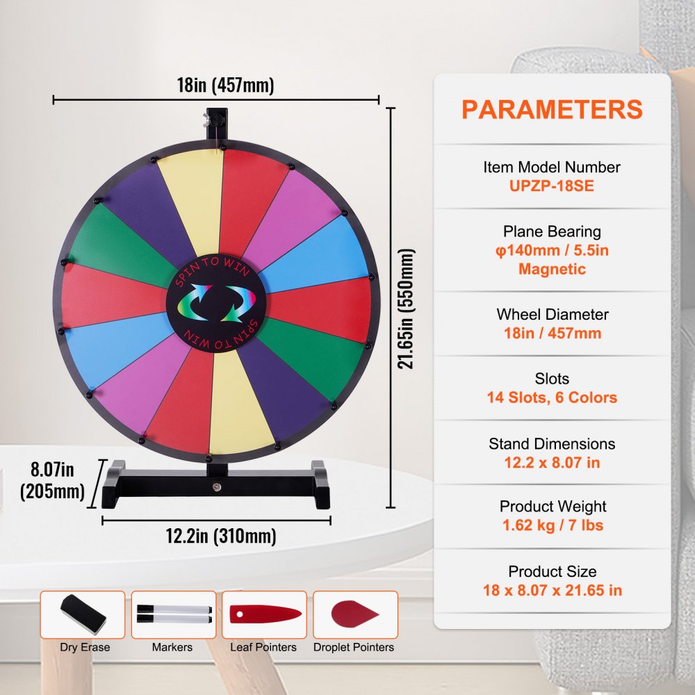 VEVOR 18 inch Spinning Prize Wheel, 14 Slots Tabletop Spinner, Heavy Duty Roulette Wheel with a Dry Erase and 2 Markers, Win Fortune Spin Games in Party Pub Trade Show Carnival