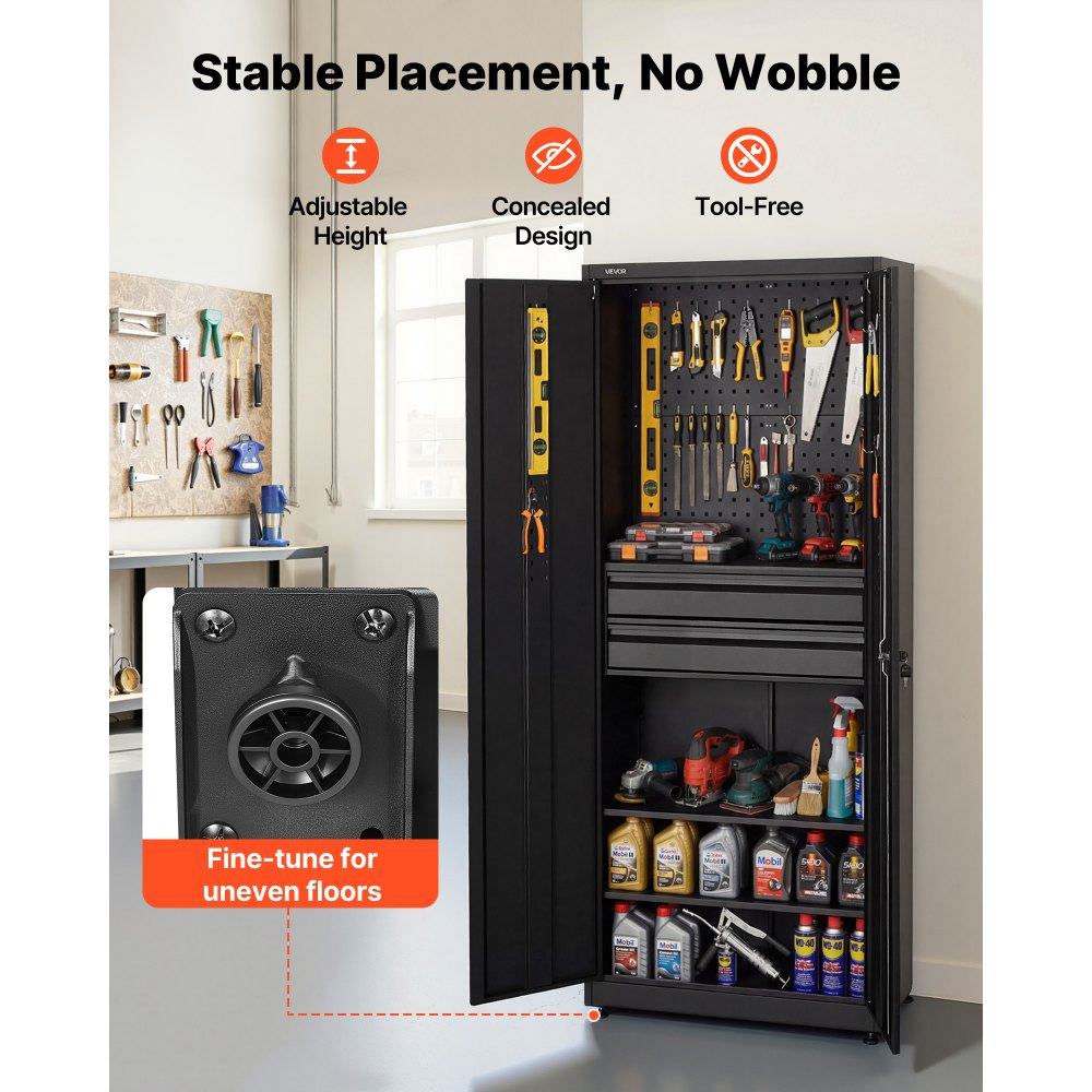 VEVOR metalen opbergkast, garagekast met 2 deuren, 2 lades, 2 verstelbare planken en gereedschapsbord, 1,8 m hoge kast, 81,5 kg draagvermogen, multifunctionele kast voor garage, kantoor, werkplaats, zwart