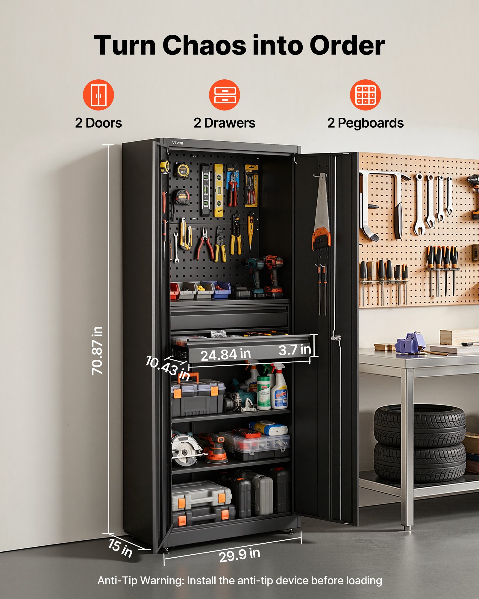 VEVOR metalen opbergkast, garagekast met 2 deuren, 2 lades, 2 verstelbare planken en gereedschapsbord, 1,8 m hoge kast, 81,5 kg draagvermogen, multifunctionele kast voor garage, kantoor, werkplaats, zwart