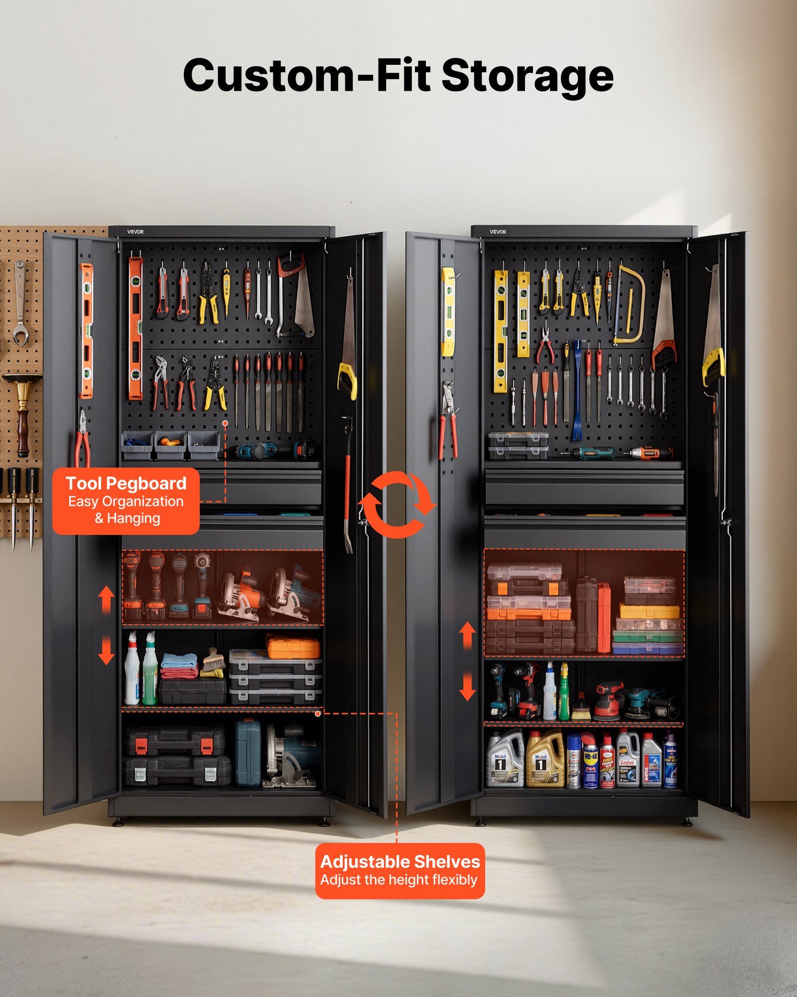 VEVOR metalen opbergkast, garagekast met 2 deuren, 2 lades, 2 verstelbare planken en gereedschapsbord, 1,8 m hoge kast, 81,5 kg draagvermogen, multifunctionele kast voor garage, kantoor, werkplaats, zwart