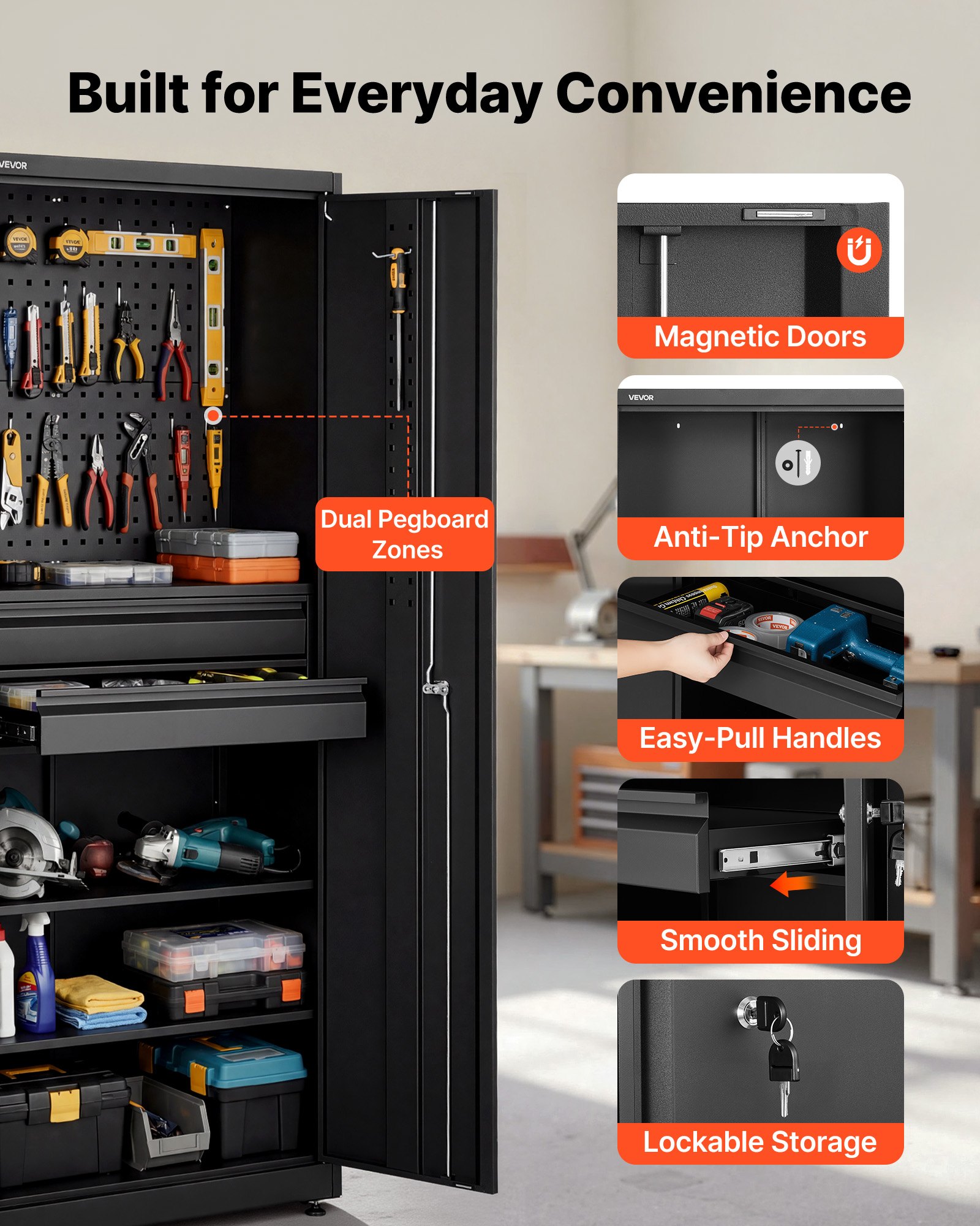 VEVOR metalen opbergkast, garagekast met 2 deuren, 2 lades, 2 verstelbare planken en gereedschapsbord, 1,8 m hoge kast, 81,5 kg draagvermogen, multifunctionele kast voor garage, kantoor, werkplaats, zwart