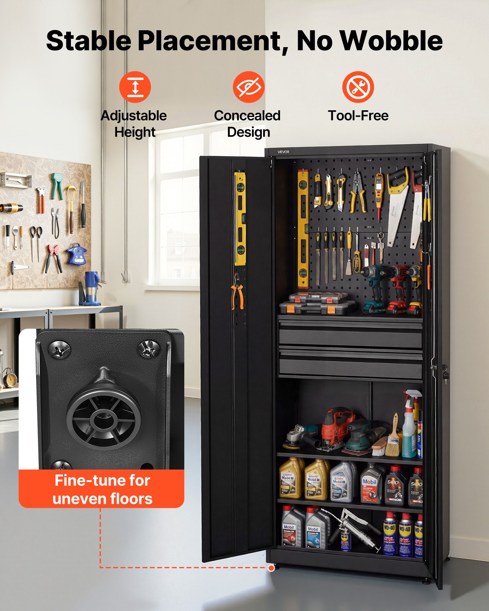 VEVOR metalen opbergkast, garagekast met 2 deuren, 2 lades, 2 verstelbare planken en gereedschapsbord, 1,8 m hoge kast, 81,5 kg draagvermogen, multifunctionele kast voor garage, kantoor, werkplaats, zwart