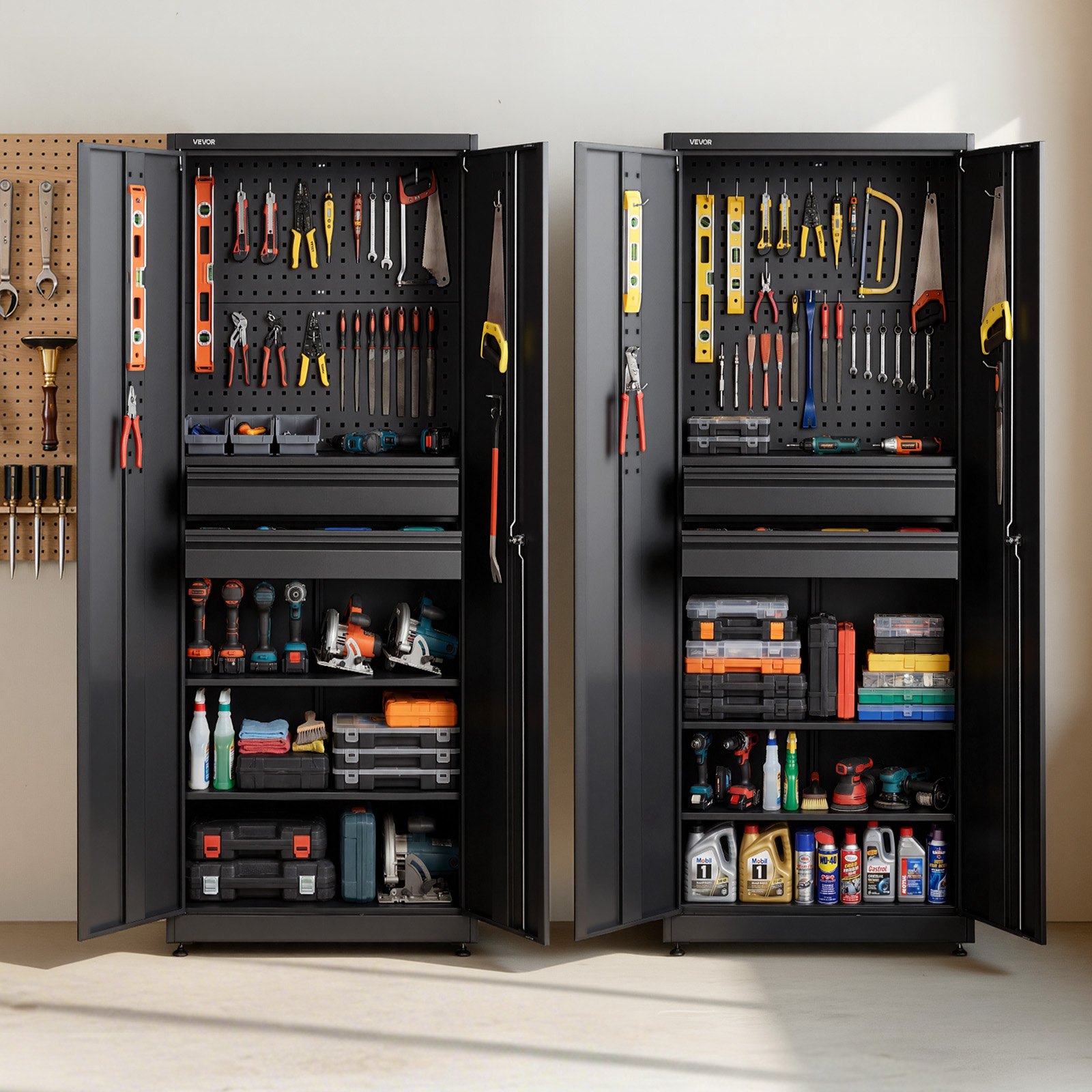 VEVOR metalen opbergkast, garagekast met 2 deuren, 2 lades, 2 verstelbare planken en gereedschapsbord, 1,8 m hoge kast, 81,5 kg draagvermogen, multifunctionele kast voor garage, kantoor, werkplaats, zwart