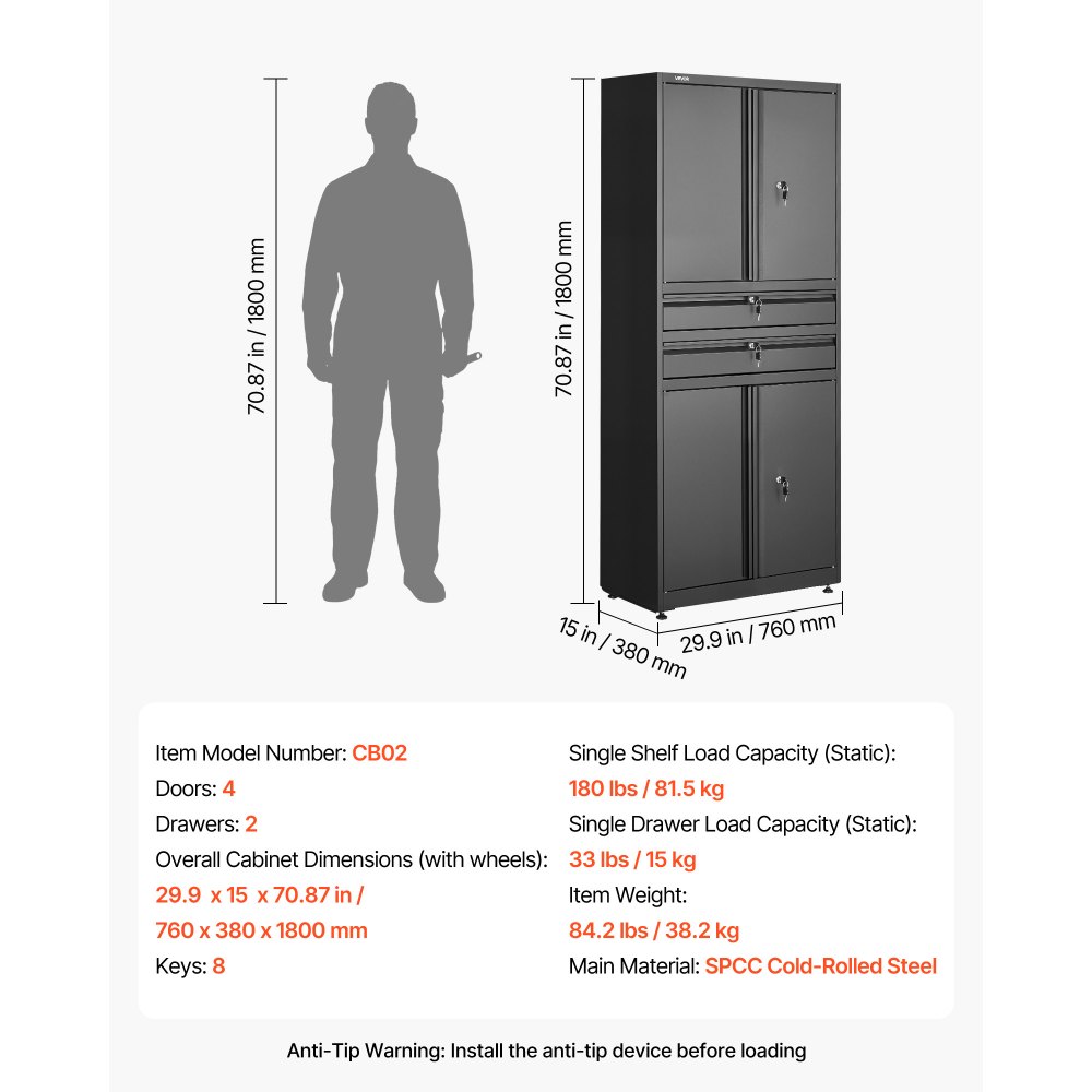 VEVOR metalen opbergkast, garagekast met 4 deuren, 2 lades, 2 verstelbare planken, 1,8 m hoge kast met een draagvermogen van 81,5 kg, multifunctionele kast voor garage, kantoor, werkplaats, zwart