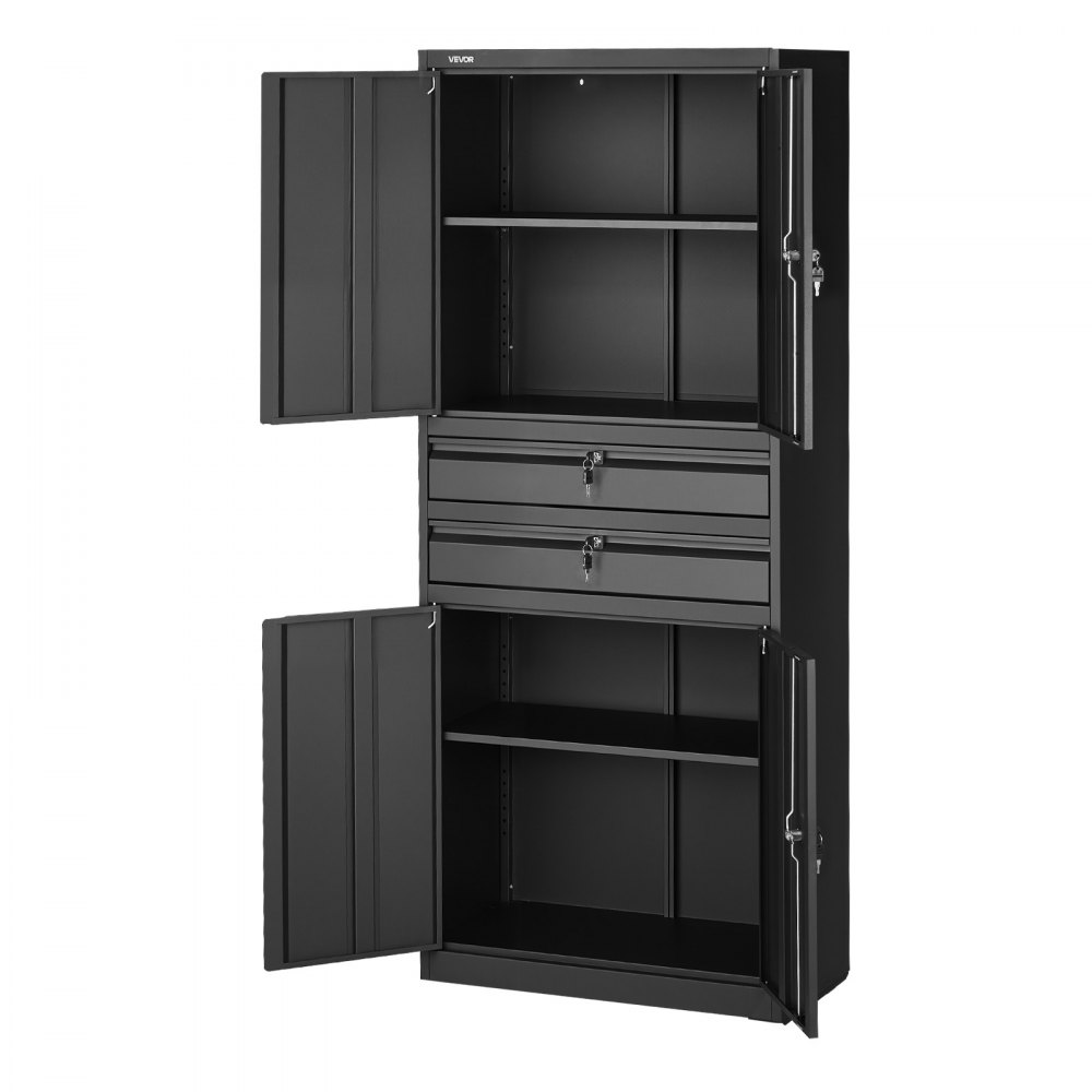 VEVOR metalen opbergkast, garagekast met 4 deuren, 2 lades, 2 verstelbare planken, 1,8 m hoge kast met een draagvermogen van 81,5 kg, multifunctionele kast voor garage, kantoor, werkplaats, zwart