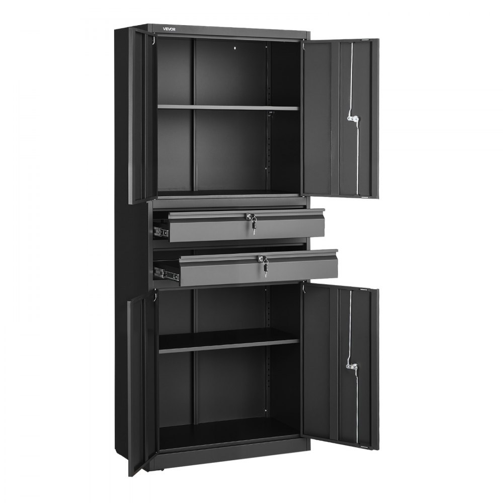VEVOR metalen opbergkast, garagekast met 4 deuren, 2 lades, 2 verstelbare planken, 1,8 m hoge kast met een draagvermogen van 81,5 kg, multifunctionele kast voor garage, kantoor, werkplaats, zwart