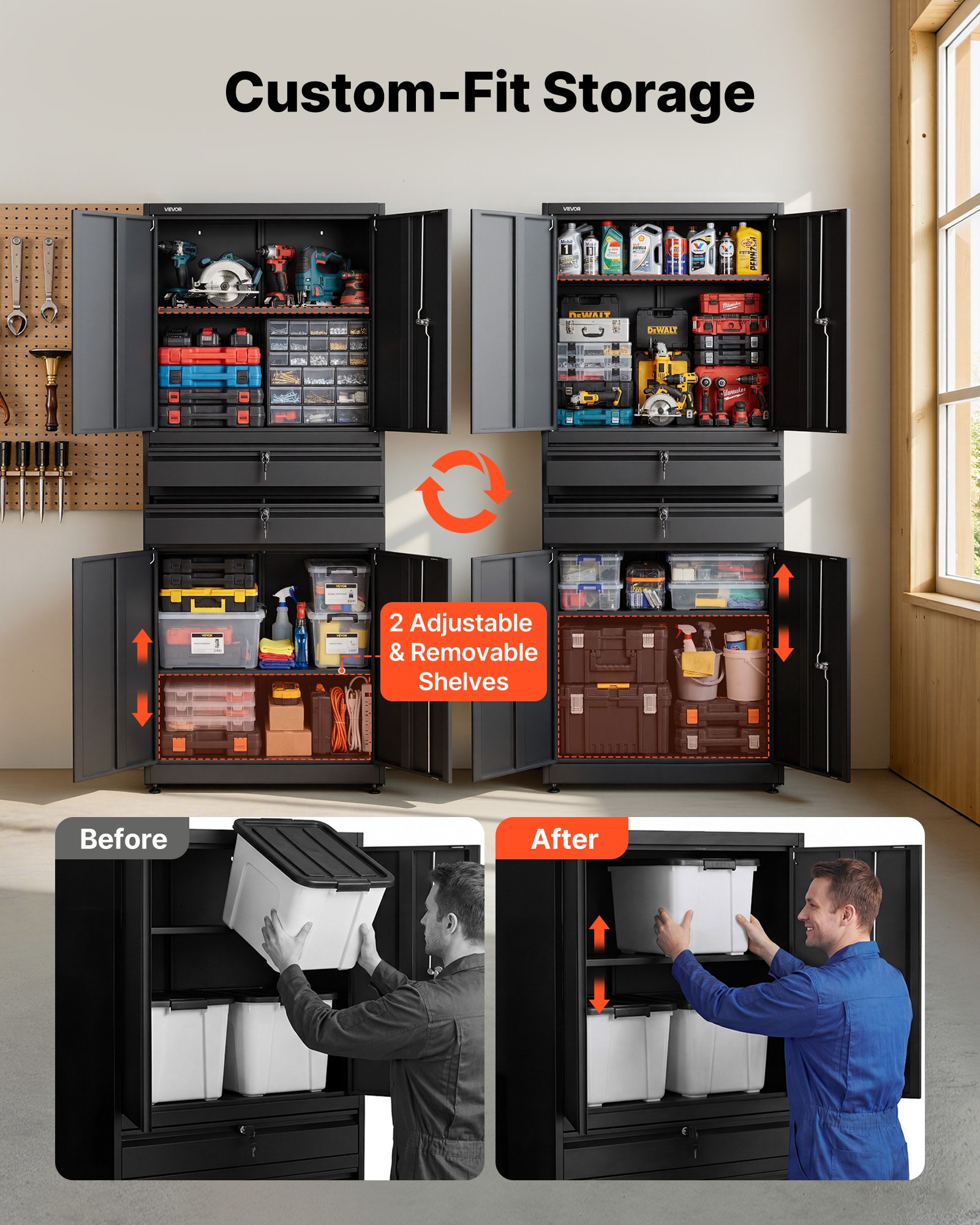 VEVOR metalen opbergkast, garagekast met 4 deuren, 2 lades, 2 verstelbare planken, 1,8 m hoge kast met een draagvermogen van 81,5 kg, multifunctionele kast voor garage, kantoor, werkplaats, zwart