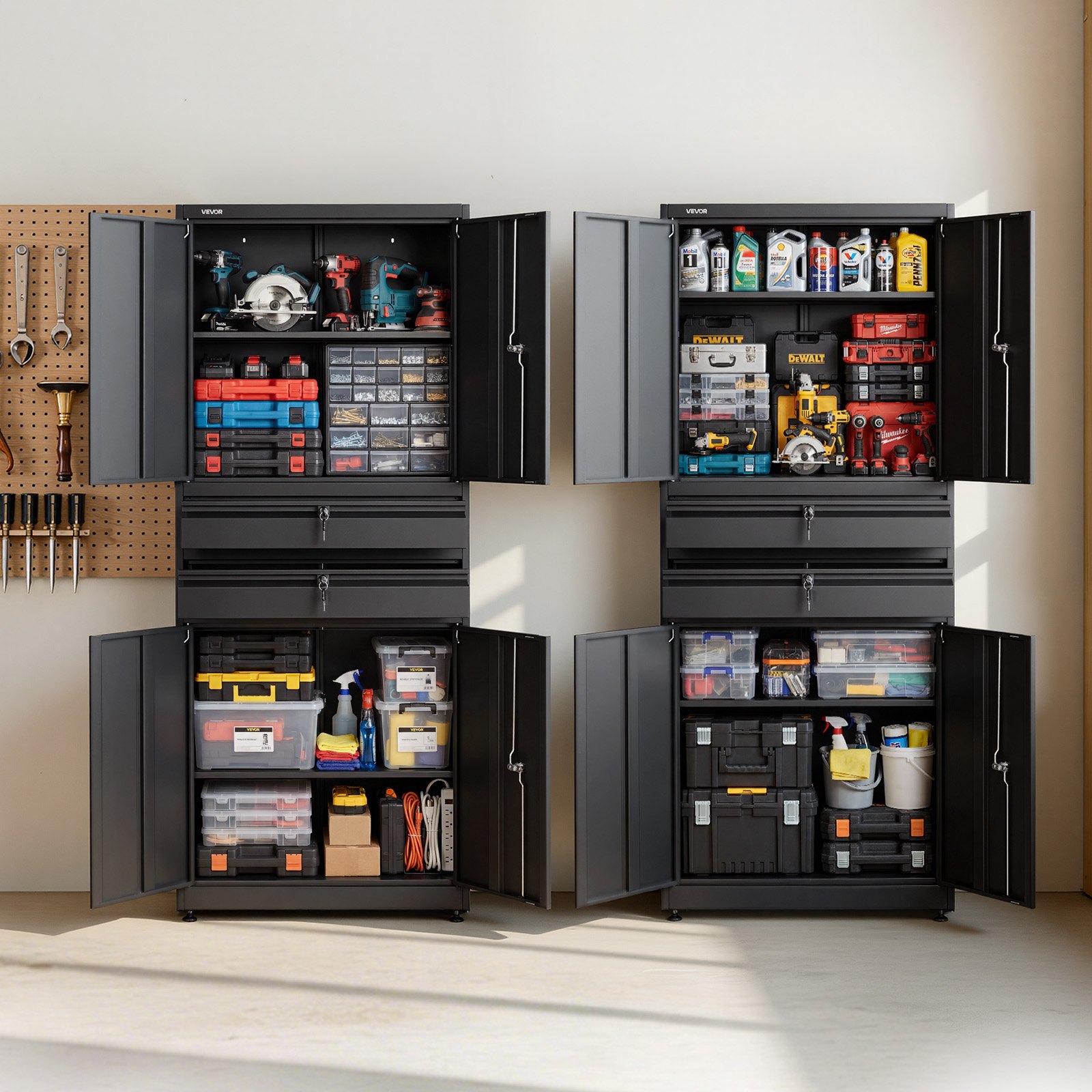 VEVOR metalen opbergkast, garagekast met 4 deuren, 2 lades, 2 verstelbare planken, 1,8 m hoge kast met een draagvermogen van 81,5 kg, multifunctionele kast voor garage, kantoor, werkplaats, zwart