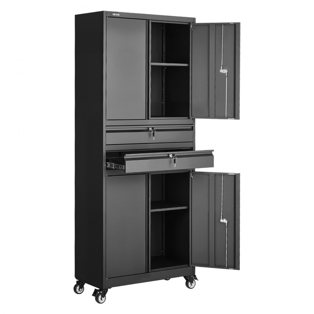 VEVOR metalen opbergkast, garagekast met 4 deuren, 2 laden, 4 wielen, 2 verstelbare planken, 1905 mm hoge kast, 81,5 kg draagvermogen, multifunctionele kast voor garage, kantoor, werkplaats, zwart