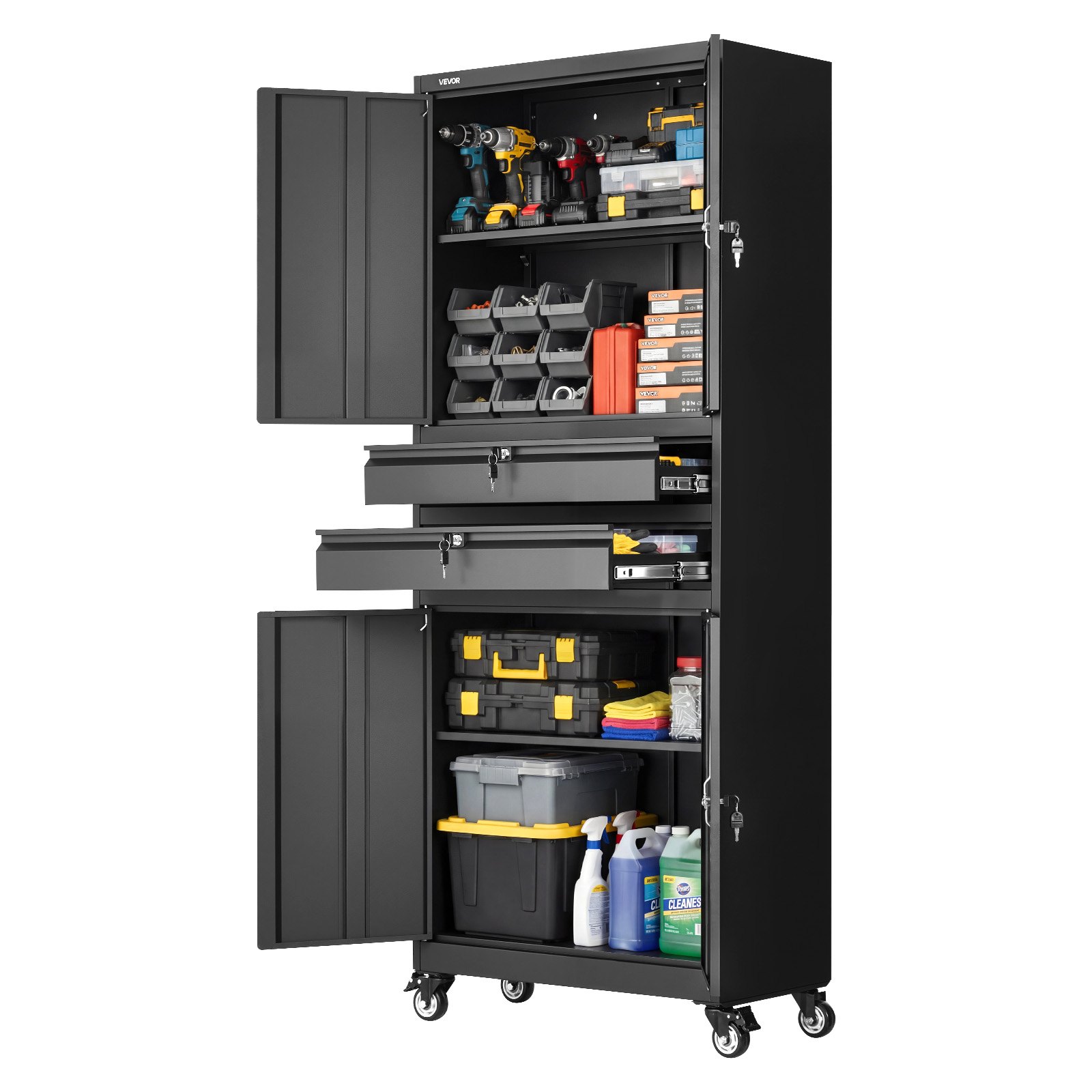 VEVOR metalen opbergkast, garagekast met 4 deuren, 2 laden, 4 wielen, 2 verstelbare planken, 1905 mm hoge kast, 81,5 kg draagvermogen, multifunctionele kast voor garage, kantoor, werkplaats, zwart