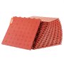 red interlocking VEVOR garage tiles stacked in a pile, showing a diamond plate pattern.