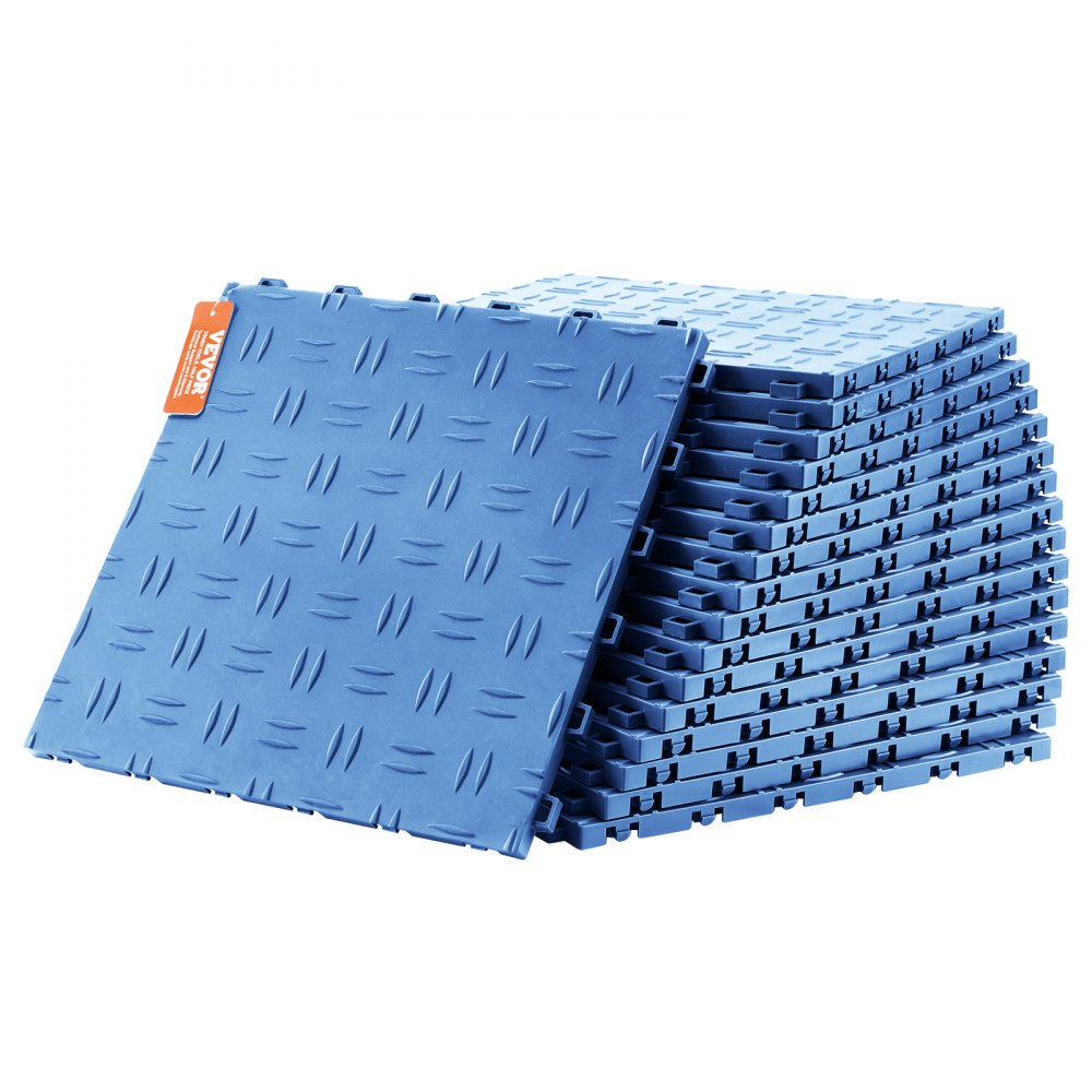 stacked blue VEVOR garage tiles with interlocking design and grooved diamond plate pattern.