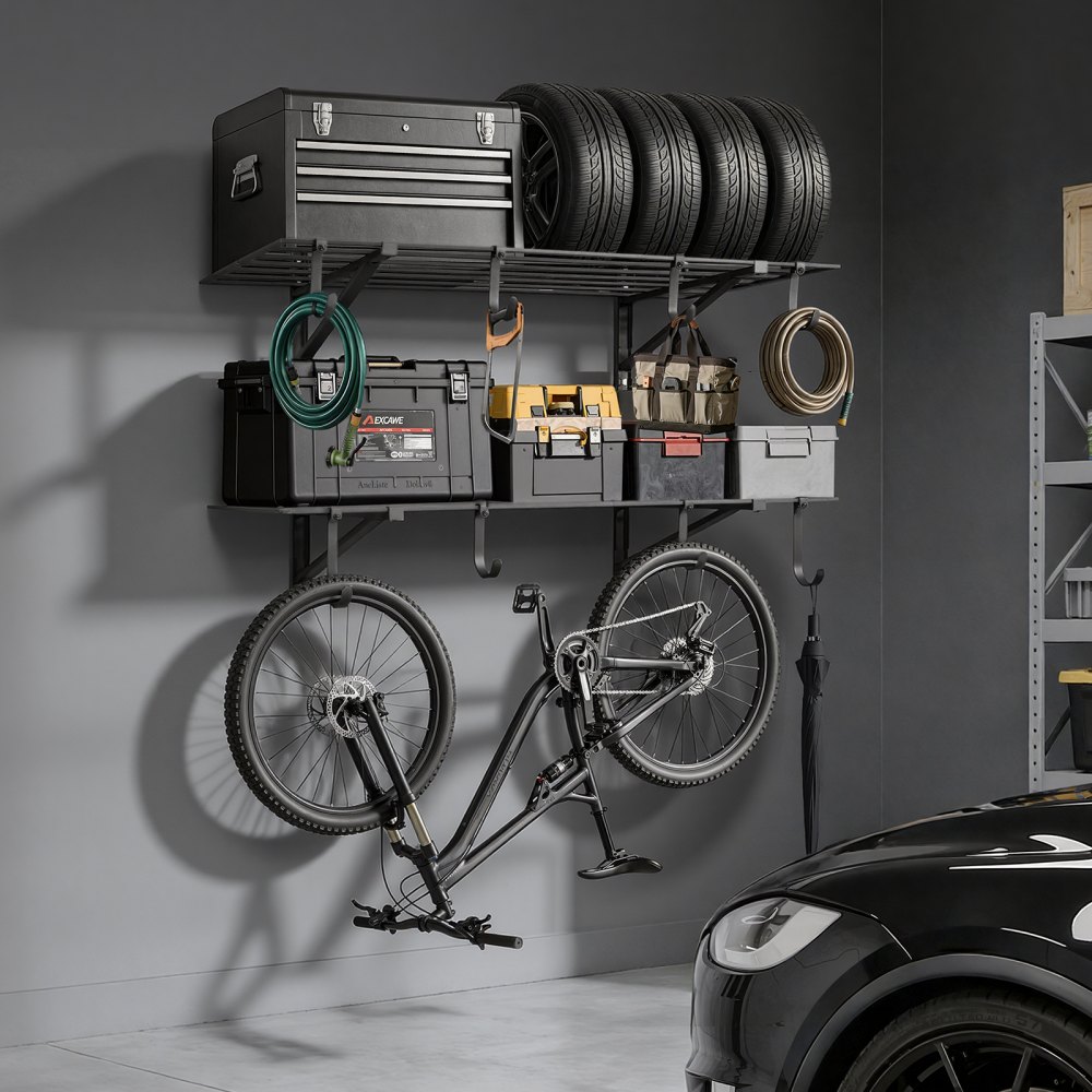 VEVOR 2-delige garageplankenset, 1219x615x305 mm, gereedschapsopslag, 118 kg per laag, wandmontage gereedschapshouder met haken, 1219x615 mm plankoppervlak, opbergplanken, metalen plank, gereedschapsorganizer, wandplanken