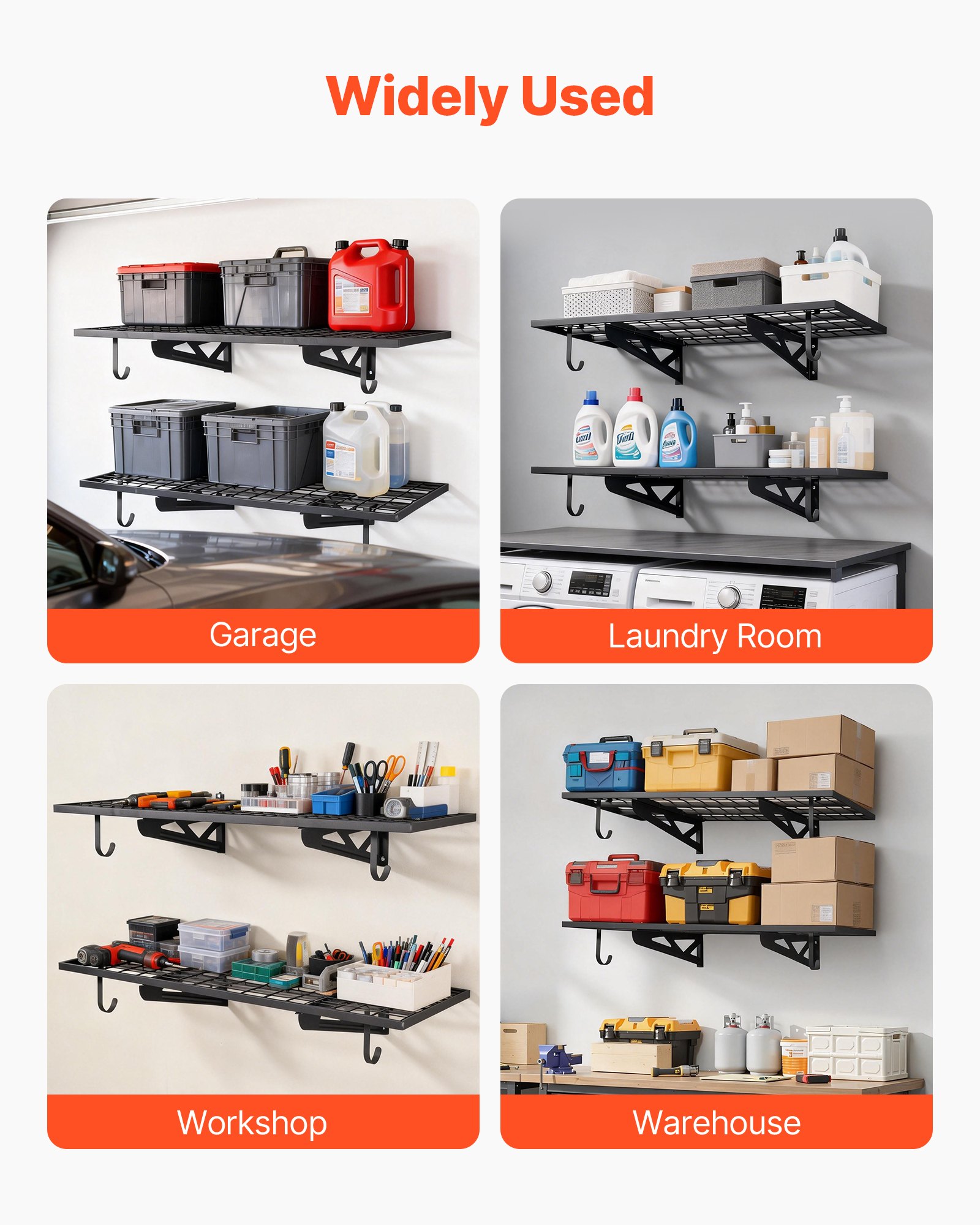 VEVOR 2-delige garageplankenset, 1219x620x210 mm, gereedschapsopslag, 113 kg per laag, wandmontage gereedschapshouder, 1219x620 mm plankoppervlak, opbergplanken, metalen plank, gereedschapsorganizer, wandplanken