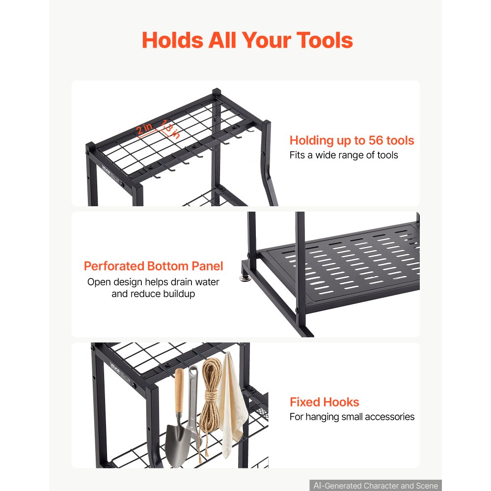 VEVOR Tuingereedschapsrek 1235x290x795mm 3-laags gereedschapshouder zwart, opbergrek voor garage, schuur of tuin, stalen organizer voor bezems, dweilen en harken, met opbergvakken en stelvoeten