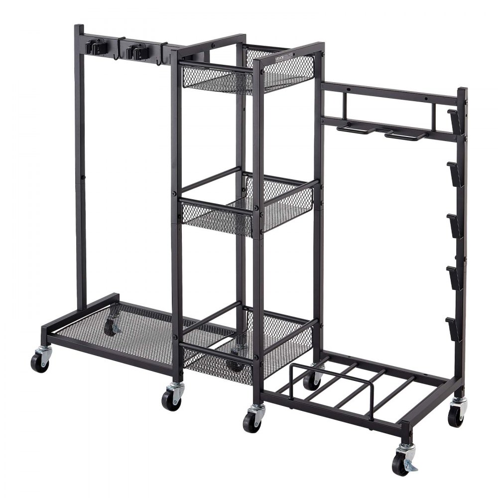 VEVOR Tuingereedschapsrek 1020x300x865mm Gereedschapshouder met wielen Zwart, Opbergrek voor garage, schuur of tuin, Stalen constructie, 3-in-1 met 3 opbergvakken, Stofzuigerhouder & Klemsysteem