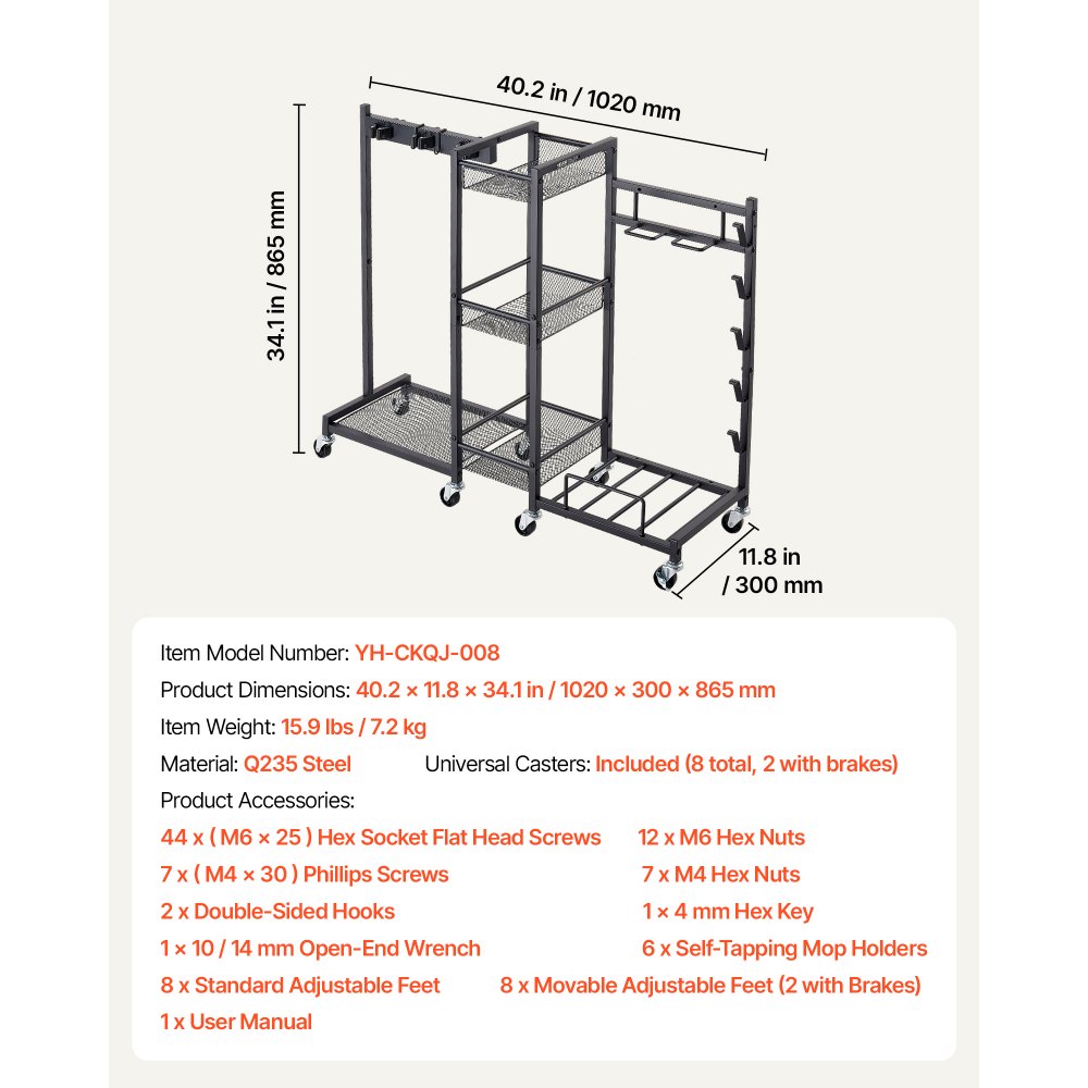 VEVOR Tuingereedschapsrek 1020x300x865mm Gereedschapshouder met wielen Zwart, Opbergrek voor garage, schuur of tuin, Stalen constructie, 3-in-1 met 3 opbergvakken, Stofzuigerhouder & Klemsysteem
