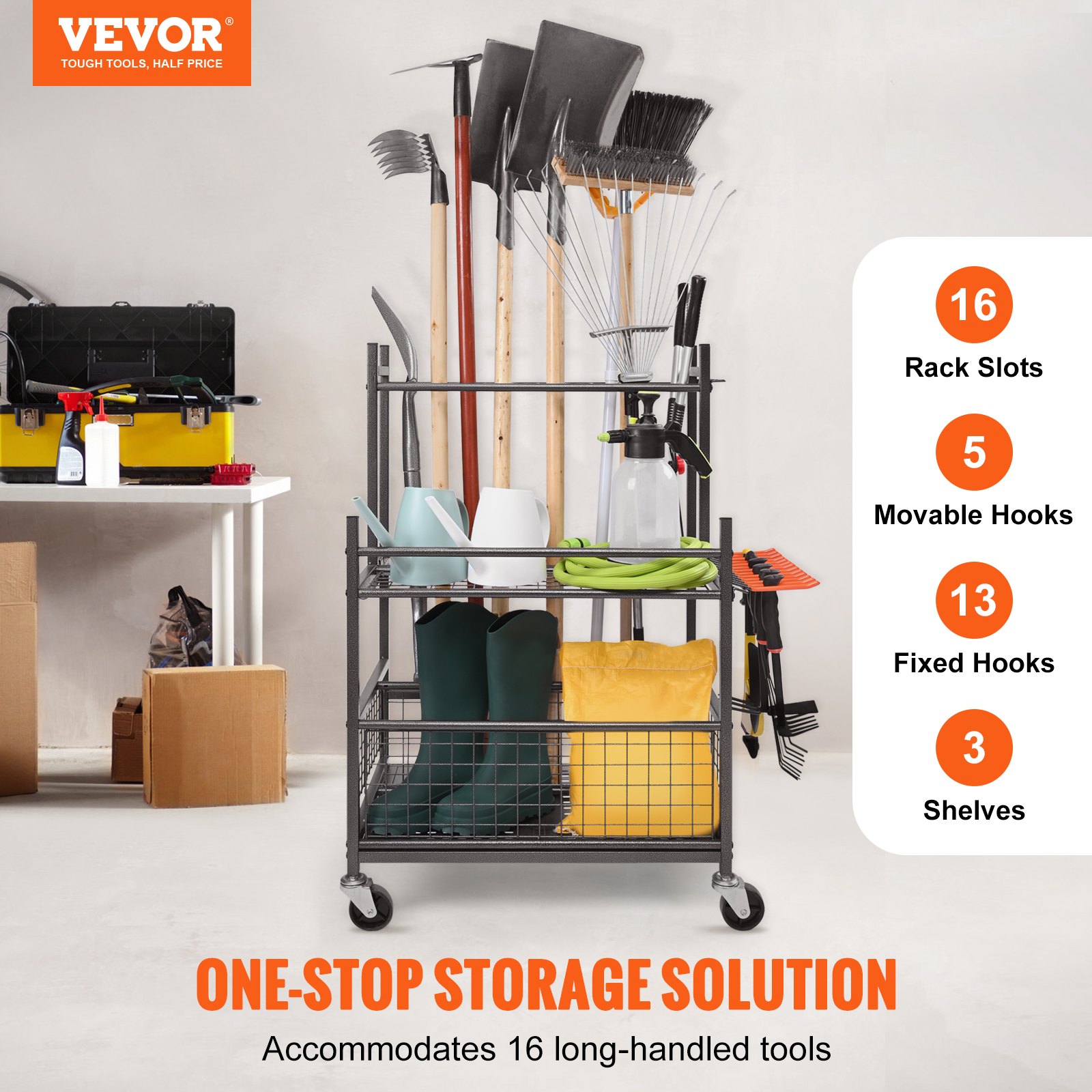 VEVOR Tuingereedschapstandaard 652 x 403 x 990 mm Gereedschapshouder Organizer Koolstofstaal Multifunctionele Tuingereedschap Opbergrek 16 Sleuven 18 Haken Tuingereedschaphouder Bezemhouder