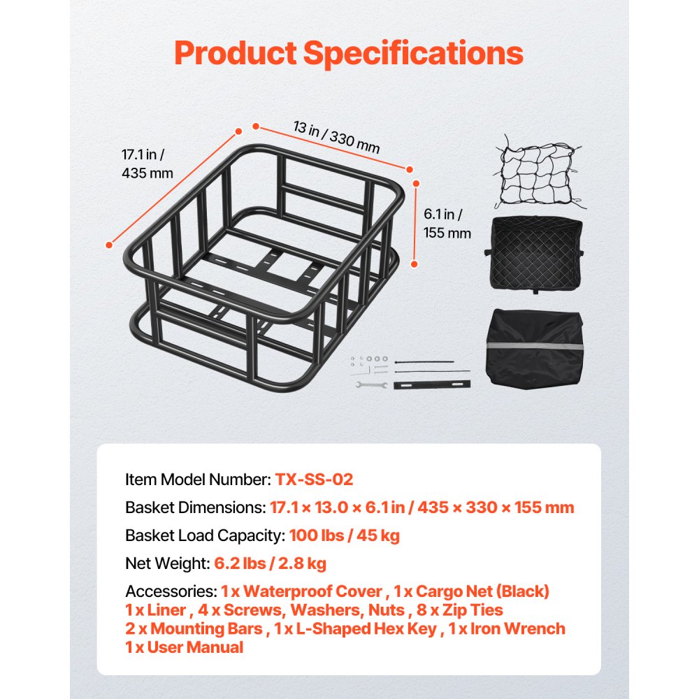 VEVOR Achterfietsmand 435x330x155 mm, Achterwielmand met bagagenet en hoes, Bagagedrager voor het vervoeren van honden, huisdieren, fruit en boodschappen, Inclusief montagegereedschap