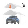 blue truck under a white VEVOR carport canopy cover with an assembly arrow and attachment cords.