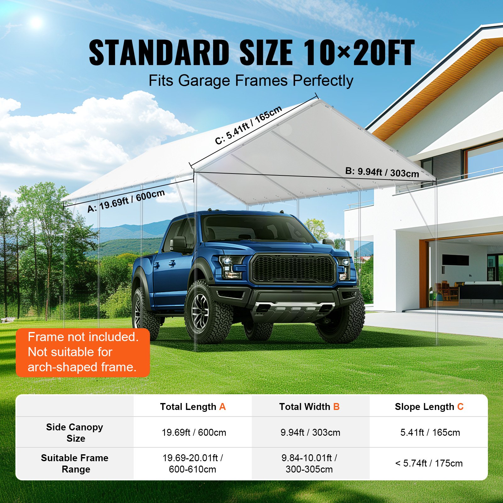 VEVOR 10 x 20 ft Carport Replacement Canopy Cover, Garage Top Tent Shelter Tarp Heavy-Duty Waterproof & UV Protected, Easy Installation with 40 Ball Bungeess (Only Top Cover, Frame Not Include), White