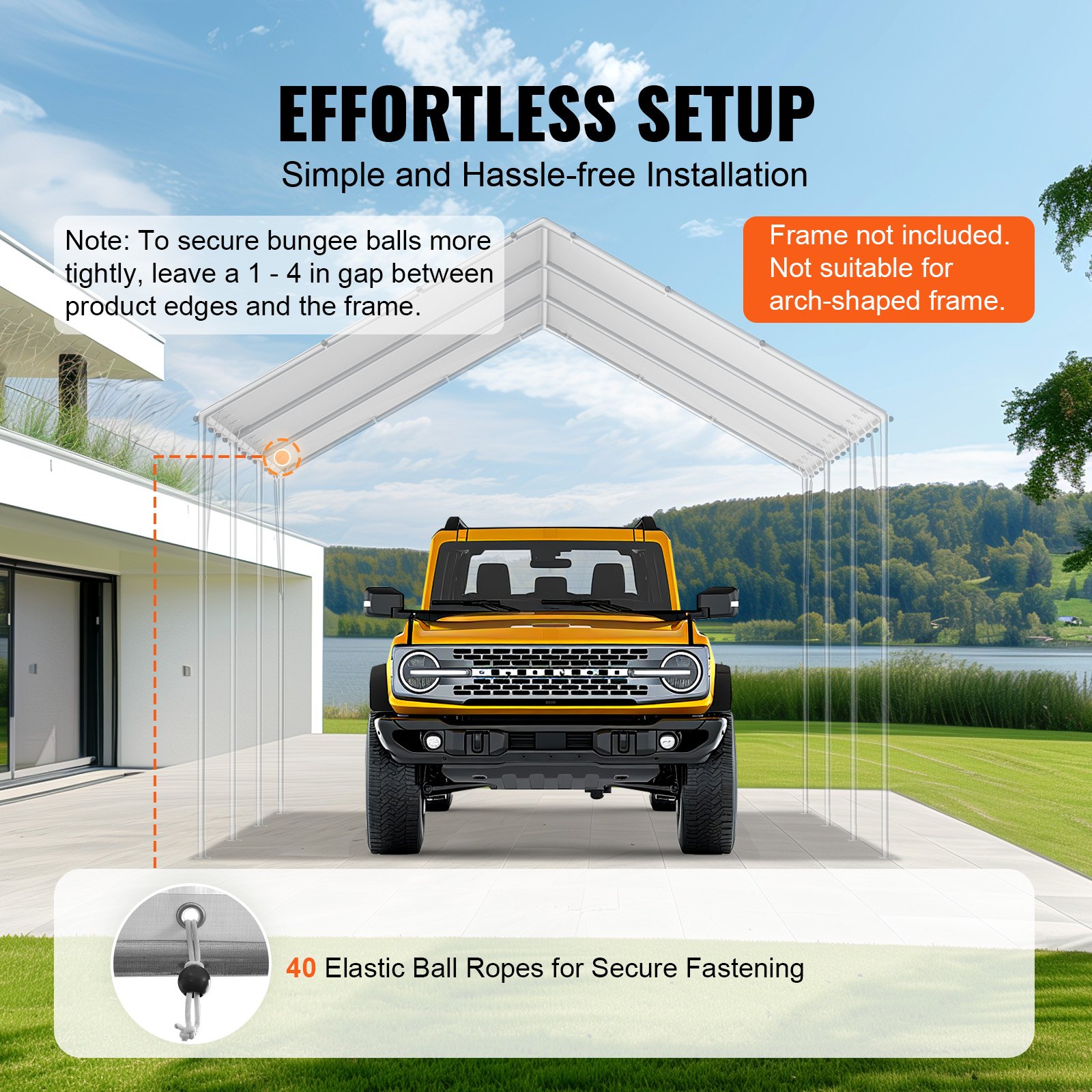 VEVOR 6 x 3 m Garage Daktent, Garage Daktentzeil, Waterdicht en UV-bestendig, Eenvoudige installatie met 40 rubberen ballen (alleen bovenklep, frame niet inbegrepen), Wit