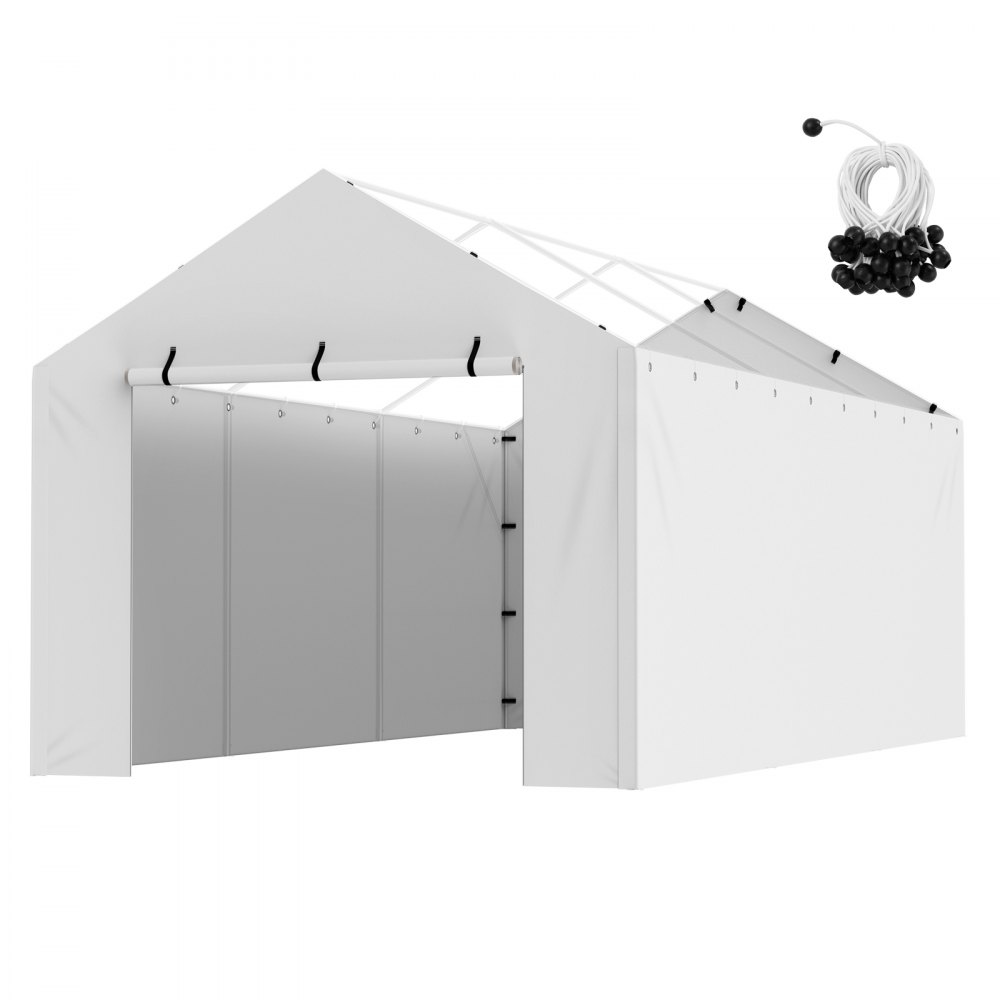 VEVOR carport canopy cover in white with side panels and a bundle of black and white bungee cords.