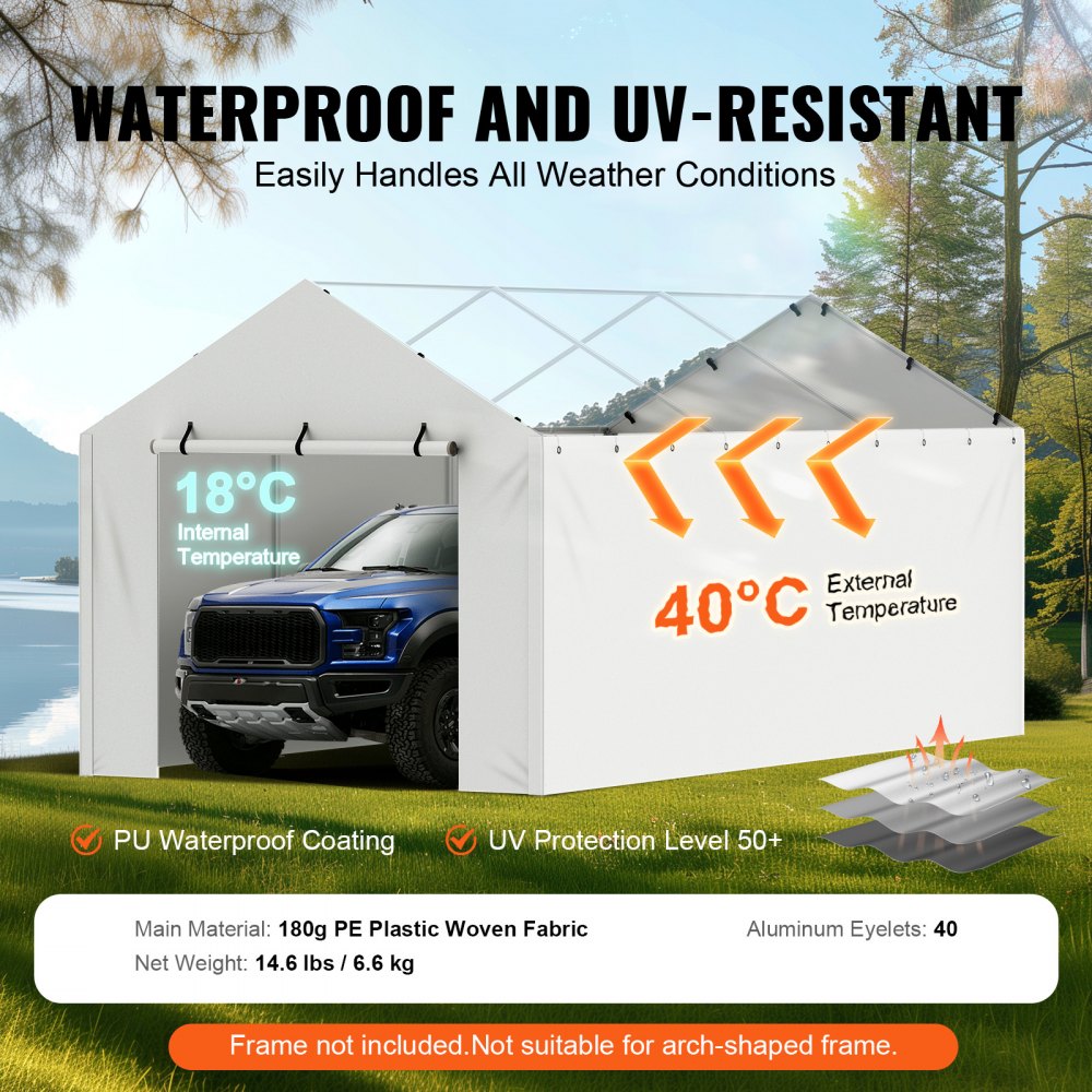 VEVOR Carport Garage Tent 3 x 6 m, Tent Garage, Waterdicht en UV-bestendig, Autoberging, Eenvoudige installatie met spanbanden, Wit (Top en frame niet inbegrepen)