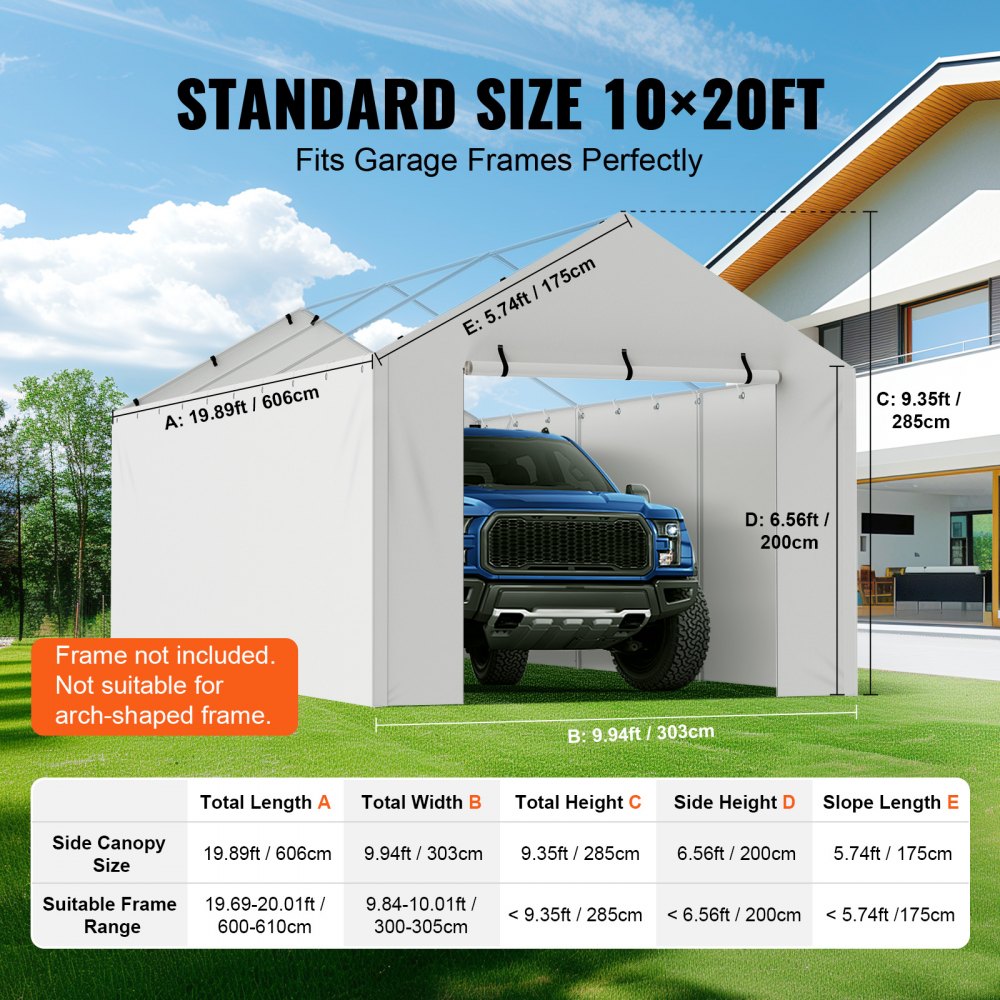 VEVOR Carport Garage Tent 3 x 6 m, Tent Garage, Waterdicht en UV-bestendig, Autoberging, Eenvoudige installatie met spanbanden, Wit (Top en frame niet inbegrepen)
