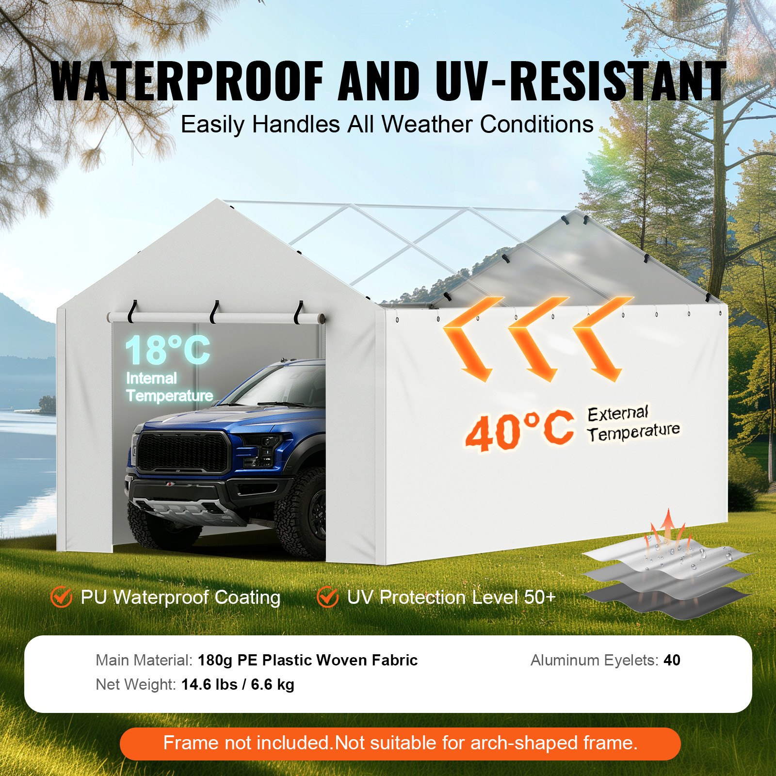 VEVOR Carport Garage Tent 3 x 6 m, Tent Garage, Waterdicht en UV-bestendig, Autoberging, Eenvoudige installatie met spanbanden, Wit (Top en frame niet inbegrepen)