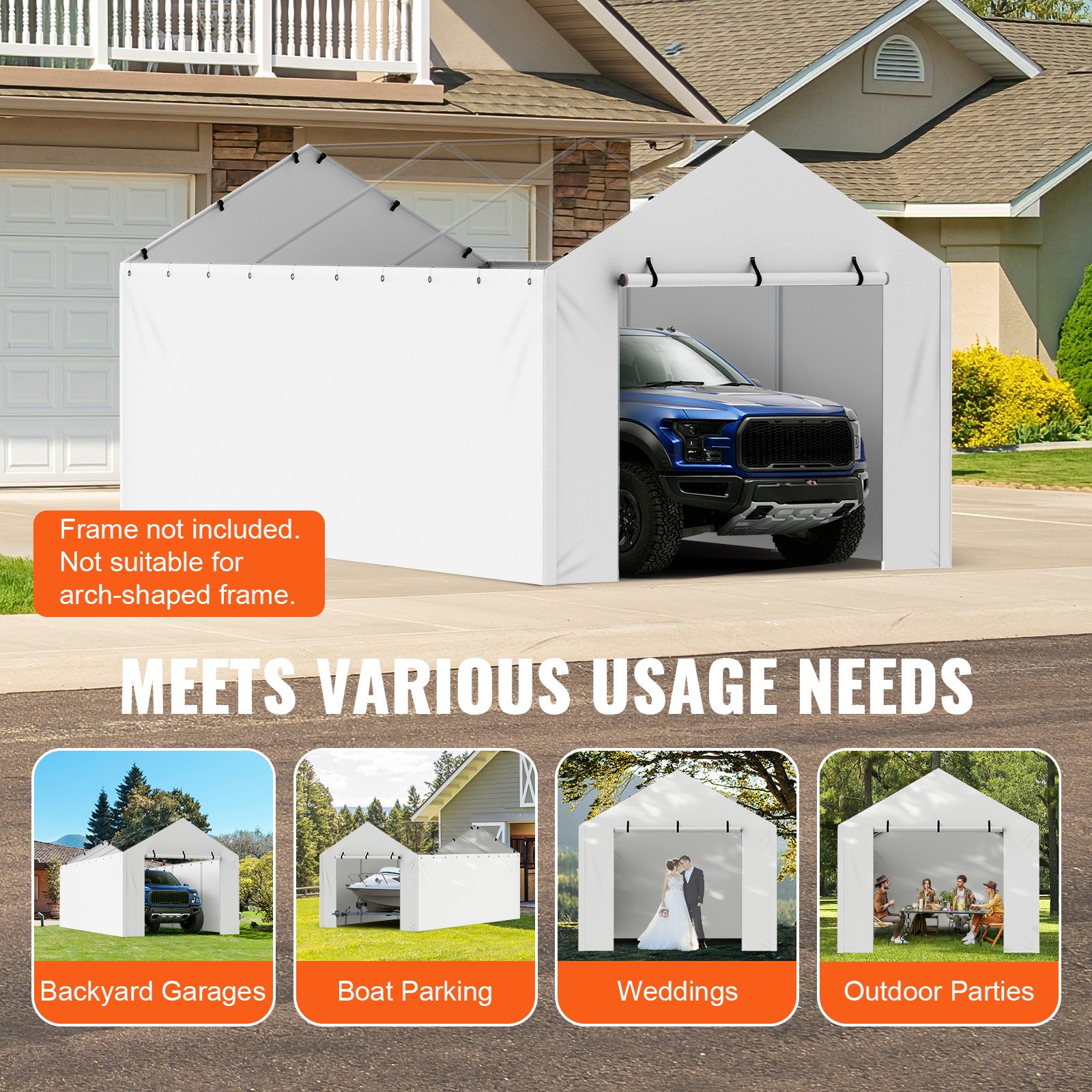 VEVOR Carport Garage Tent 3 x 6 m, Tent Garage, Waterdicht en UV-bestendig, Autoberging, Eenvoudige installatie met spanbanden, Wit (Top en frame niet inbegrepen)