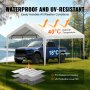 blue truck under VEVOR carport canopy cover with waterproof and uv-resistant features; temperature difference displayed.