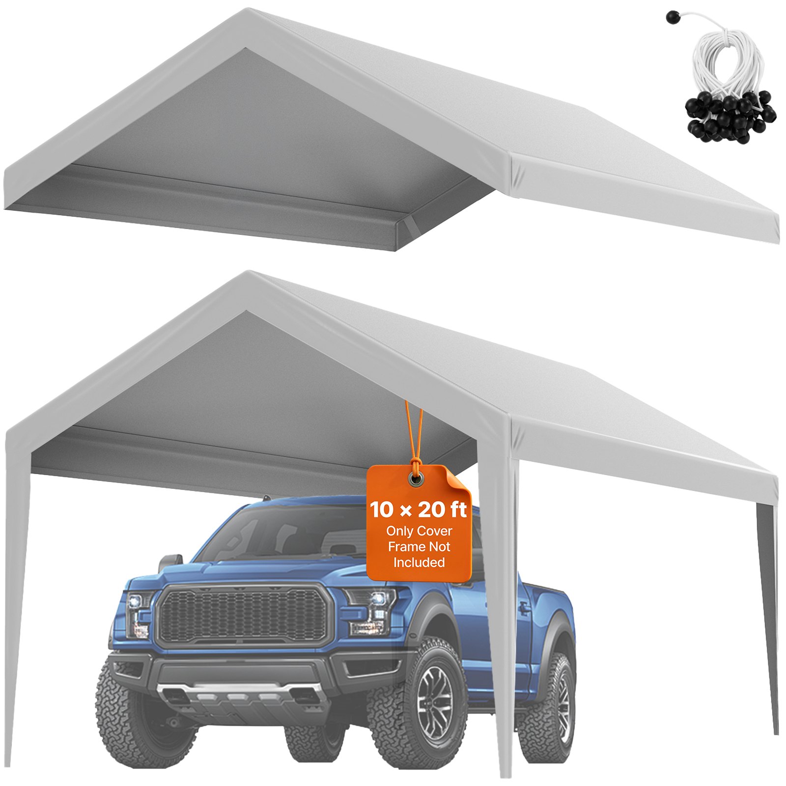 VEVOR Carport Replacement Canopy Cover 10 x 20 ft, Garage Top Tent Shelter Tarp Heavy-Duty Waterproof & UV Protected, Easy Installation with Ball Bungees,Grey (Only Top Cover, Frame Not Include)