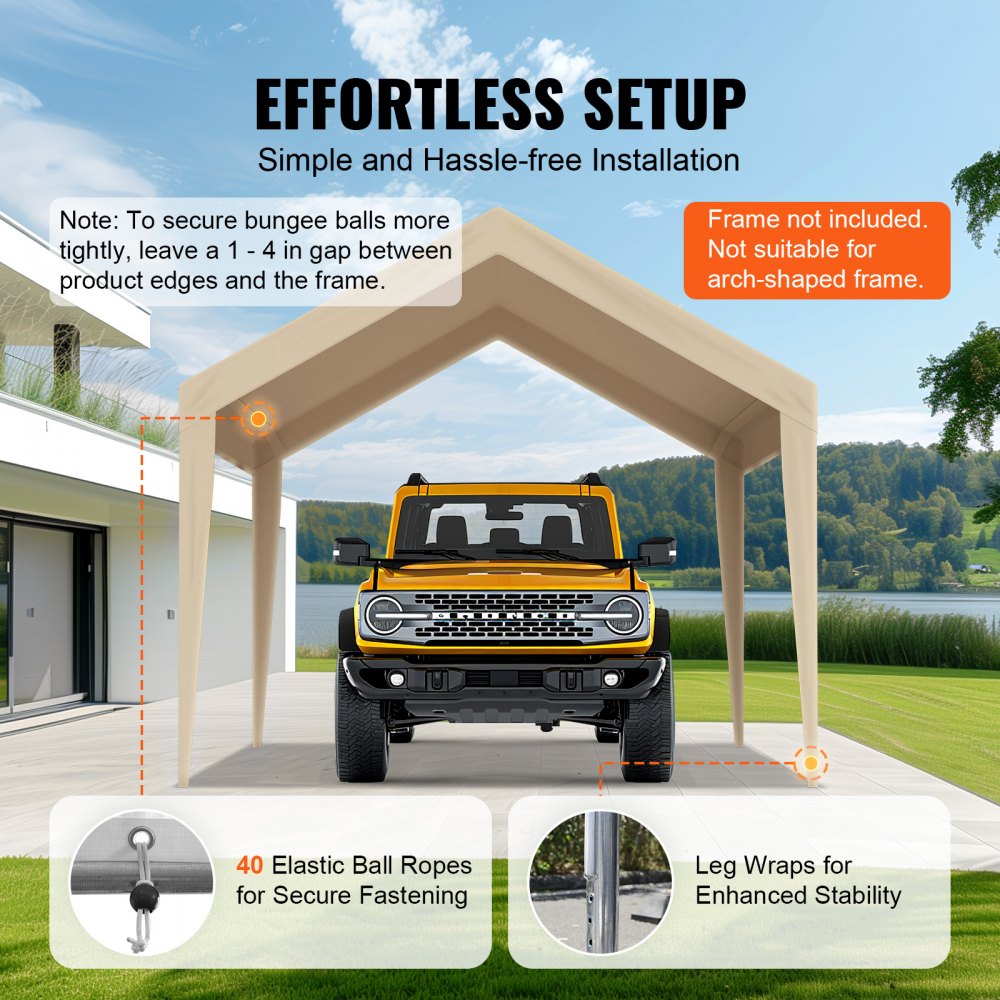 VEVOR Carport Garage Tent, 3 x 6 m, Garage Daktent, Waterdicht en UV-bestendig, Eenvoudige installatie met spanbanden, Beige (Alleen dakbedekking, frame niet inbegrepen)