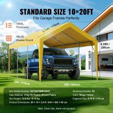 VEVOR Carport Garagetent 3x6m Garagedaktent Waterdicht UV-beschermd Eenvoudige installatie met spanbanden Beige (alleen dakbedekking, frame niet inbegrepen)
