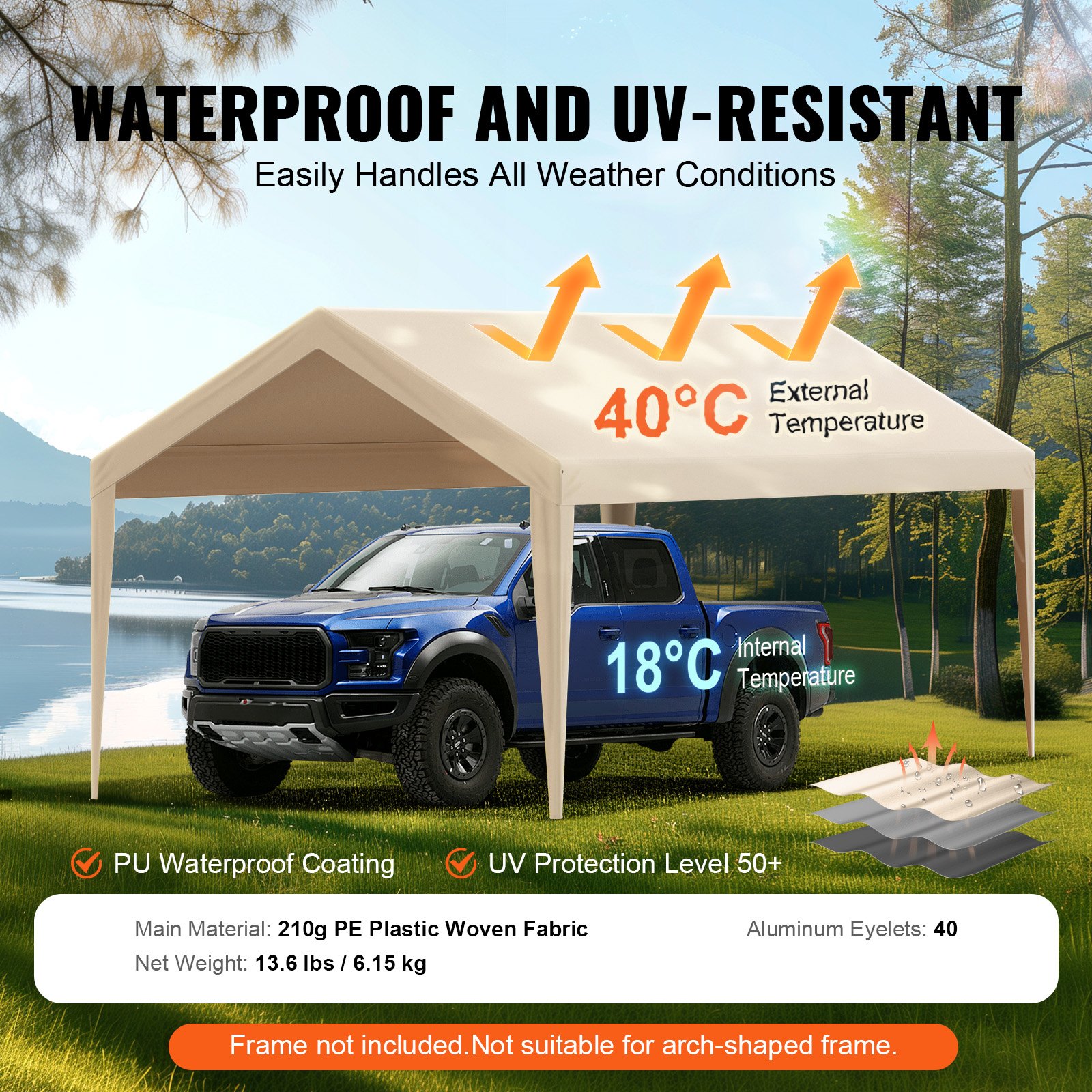 VEVOR Carport Garage Tent, 3 x 6 m, Garage Daktent, Waterdicht en UV-bestendig, Eenvoudige installatie met spanbanden, Beige (Alleen dakbedekking, frame niet inbegrepen)