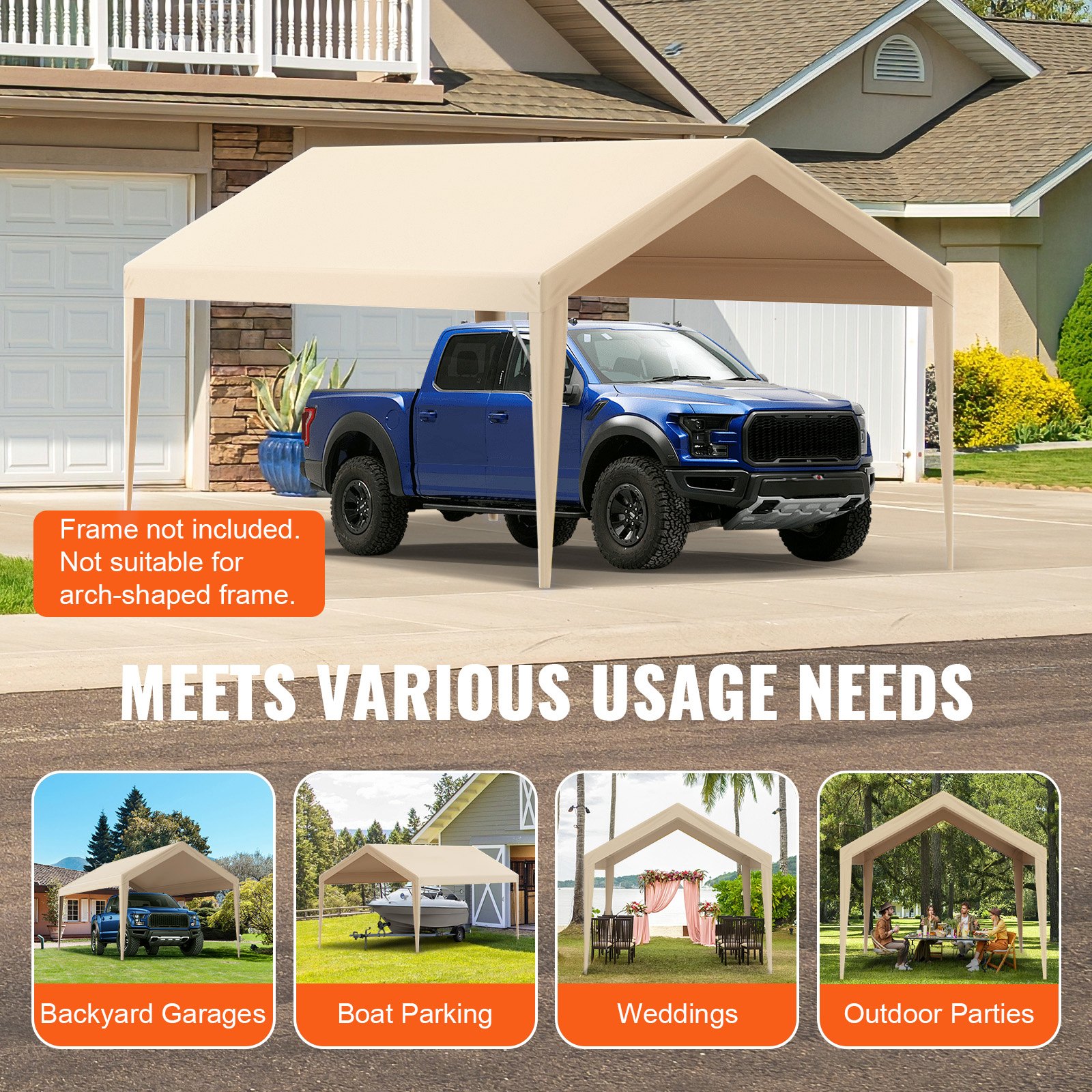 VEVOR Carport Garage Tent, 3 x 6 m, Garage Daktent, Waterdicht en UV-bestendig, Eenvoudige installatie met spanbanden, Beige (Alleen dakbedekking, frame niet inbegrepen)