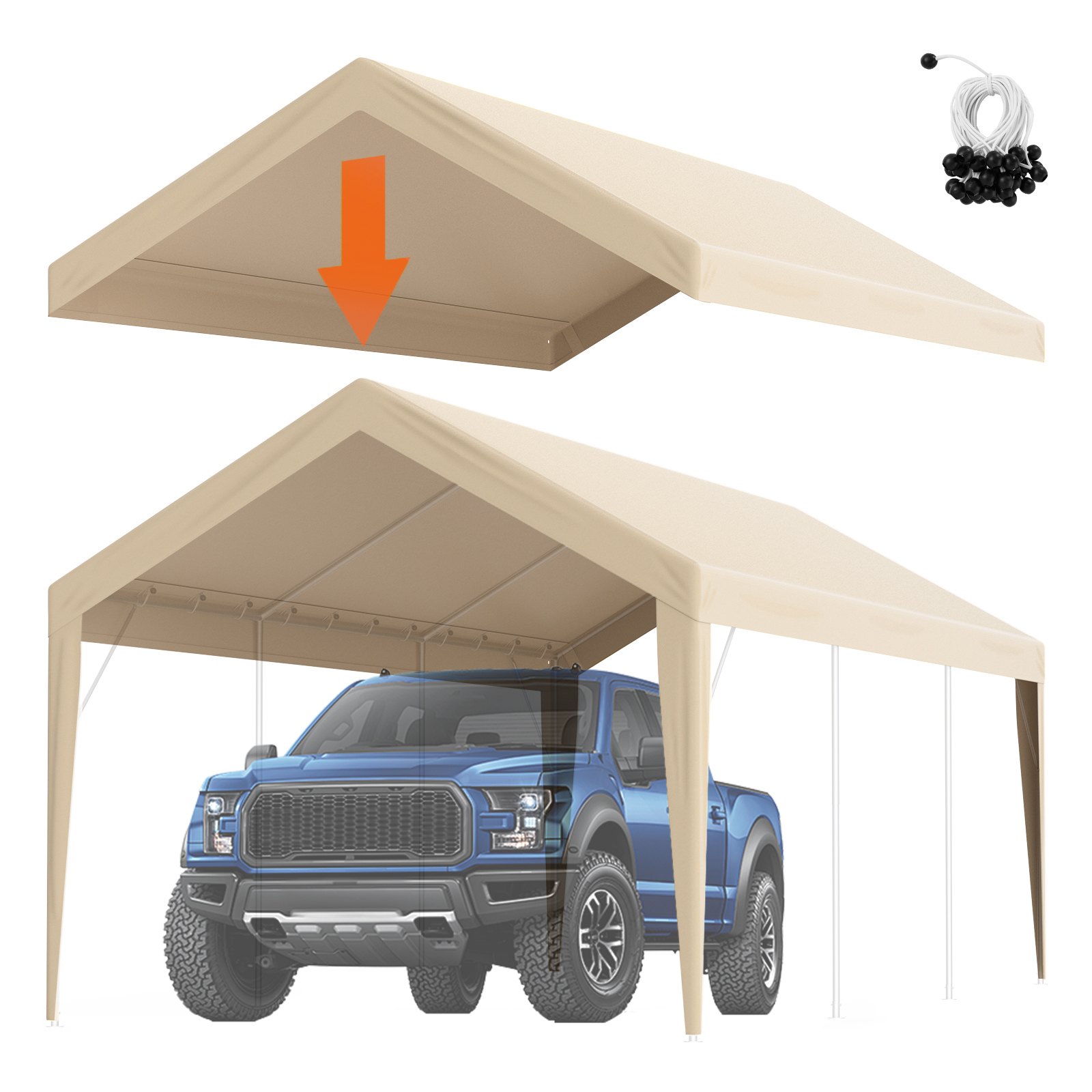 VEVOR Carport Garage Tent, 3 x 6 m, Garage Daktent, Waterdicht en UV-bestendig, Eenvoudige installatie met spanbanden, Beige (Alleen dakbedekking, frame niet inbegrepen)