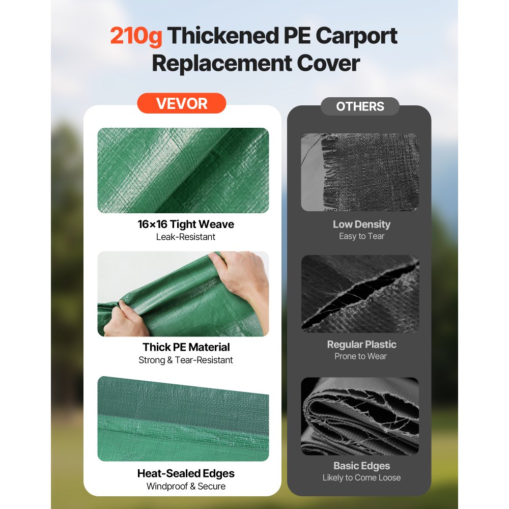 VEVOR Carport Replacement Canopy, 10 x 20 ft Potable Garage Tent Top Tarp, UV-Resistant & Waterproof Car Shelter Tarp, Heavy Duty Car Port Cover with Ball Buggees, Dark Green, Frame Not Included