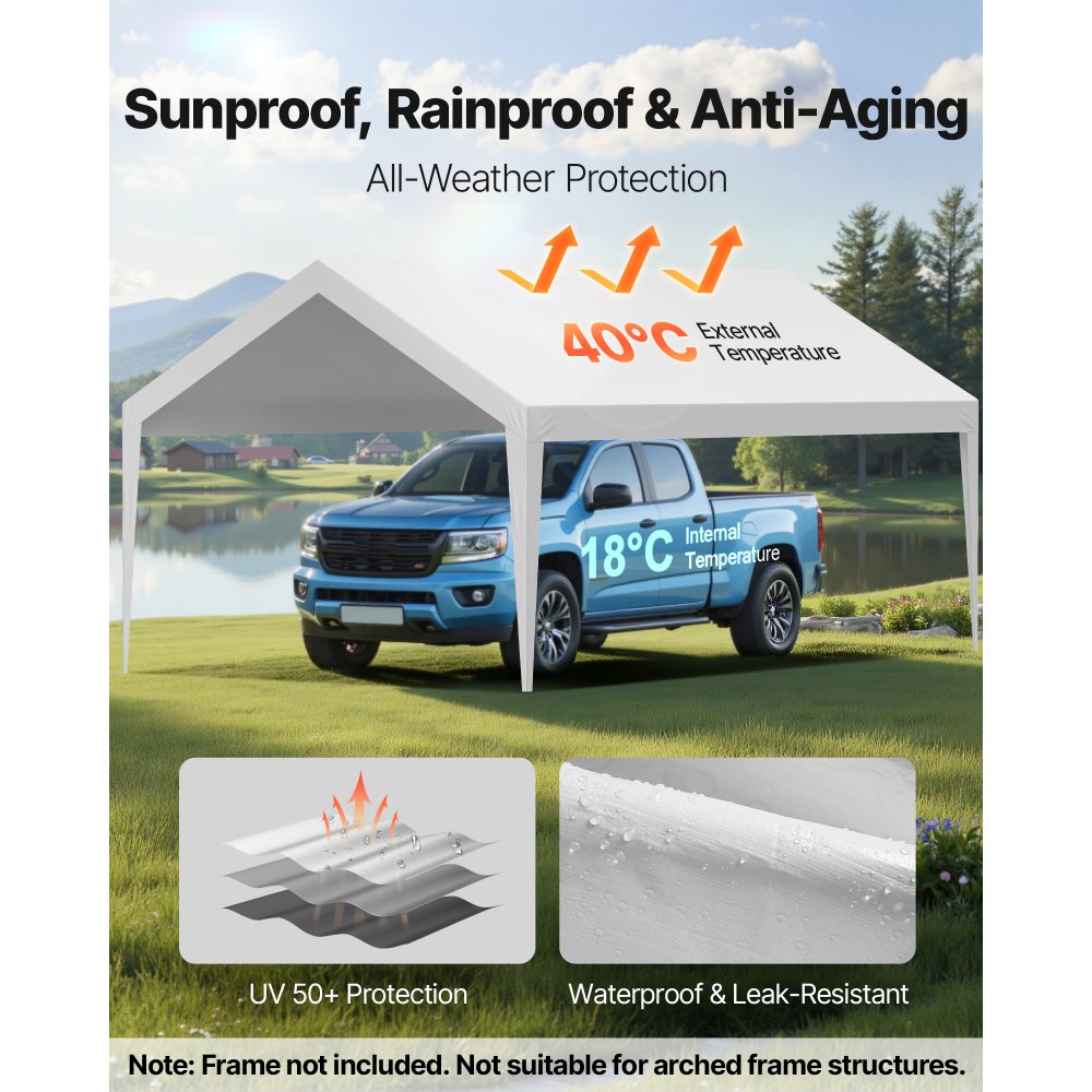VEVOR Carport Vervangend Dak, 3,65 x 6,09 m, Draagbare Garage Tent Cover, UV-bestendige Auto Overkapping, Zware Carport Cover, Wit, Frame Niet Inbegrepen