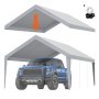 gray VEVOR carport canopy cover with poles, covering a blue pickup truck, and attached bungee cords.