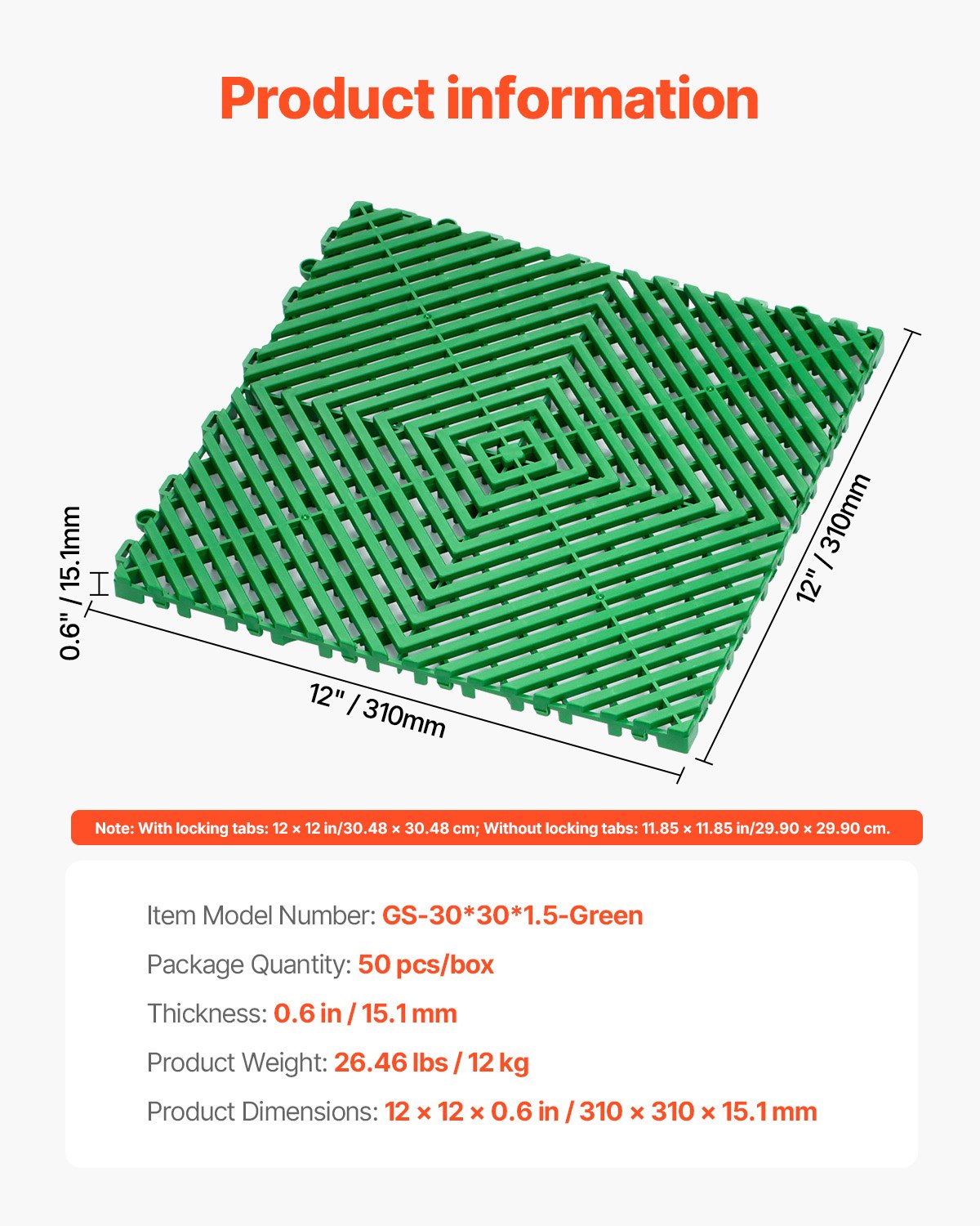 VEVOR Interlocking Drainage Mat Douchemat 31 x 31 cm Modulaire Interlocking Vloermatten, 50 Stuks Splitsbare Drainagematten, Antislip Drainage Vloertegels, voor Garage Tuin Groen