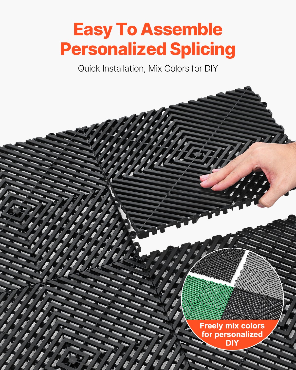 VEVOR Interlocking Drainage Mat, 12” x 12” Modular Interlocking Cushion, 55 Pcs Splicing Drainage Mats, Non-Slip Black PP Drainage Floor Tile and Shower Mat, for Garage, Garden, Kitchen & Outdoor