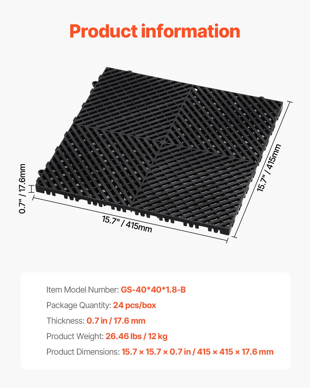 VEVOR Interlocking Drainage Mat, 15.7” x 15.7” Modular Interlocking Cushion, 24 Pcs Splicing Drainage Mats, Non-Slip Black PP Drainage Floor Tile and Shower Mat, for Garage, Garden, Kitchen & Outdoor