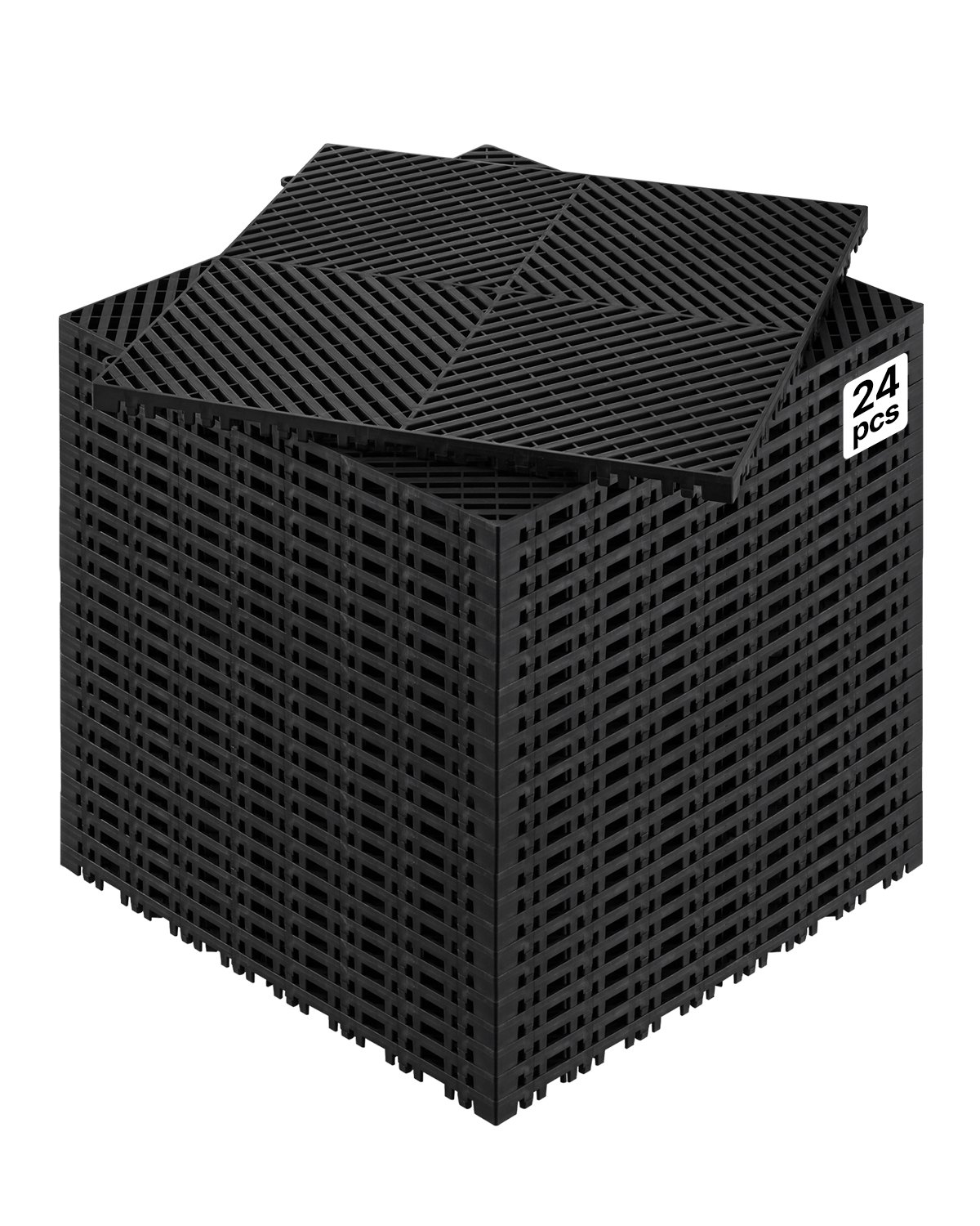 VEVOR 24 x in elkaar grijpende drainagemat douchemat 415 x 415 mm modulaire in elkaar grijpende vloermatten 17,6 mm dikke drainagematten, antislip drainagevloertegels, voor garage zwart
