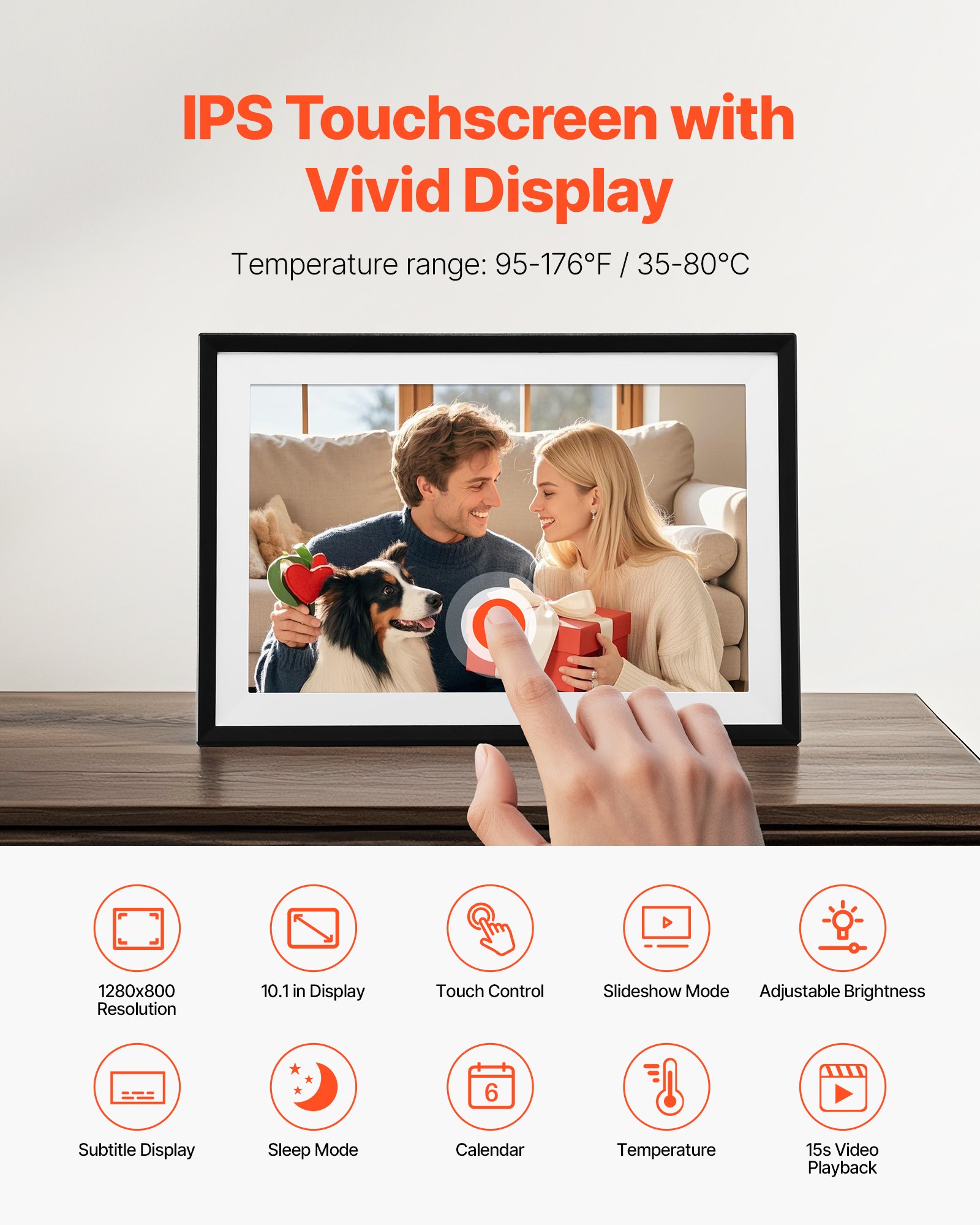 VEVOR 260 mm Digital Picture Frame 32GB IPS Touchscreen Wi-Fi Photo Frame
