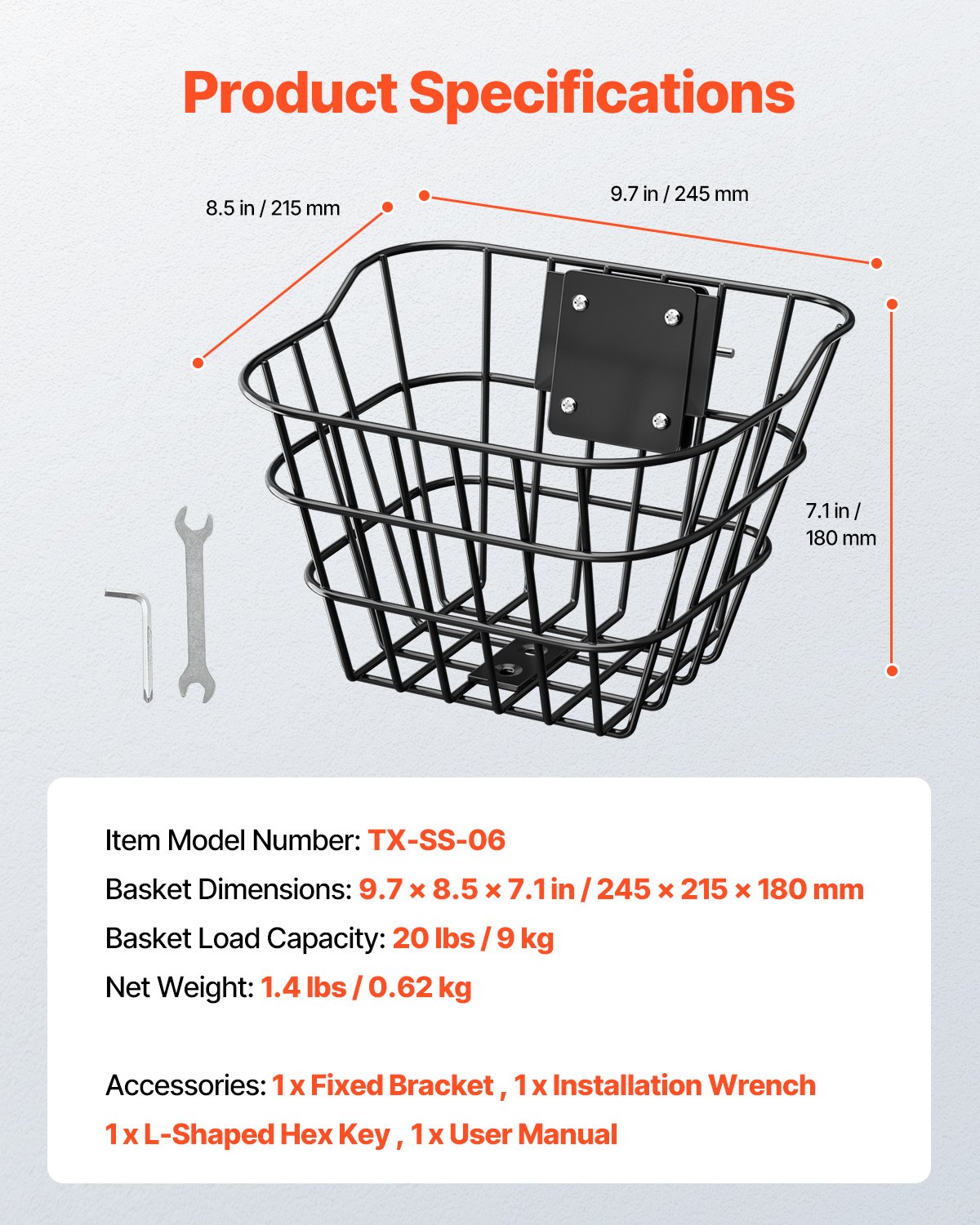 VEVOR voorwielmand 245x215x180 mm, scootermand met vaste bevestiging, max. draagvermogen 9 kg, stuurmand van massief staal, fietsmand voor kinderen/fietsmand voor volwassenen/accessoire voor elektrische scooters die aan de knie bevestigd worden