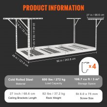 VEVOR Ceiling Rack, 48" x 96" x 40", Heavy Duty Adjustable Cold Rolled Steel Storage Shelves for Garage Storage and Organization, 600 lbs Load Capacity, 22-40", White