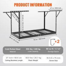 VEVOR Ceiling Shelf for Garage 91.4x182.9x101.6cm Ceiling Shelf for Garage Adjustable Shelves Made of Cold Rolled Steel for Garage Storage Organization 272kg Load Capacity 55.9-101.6cm Black